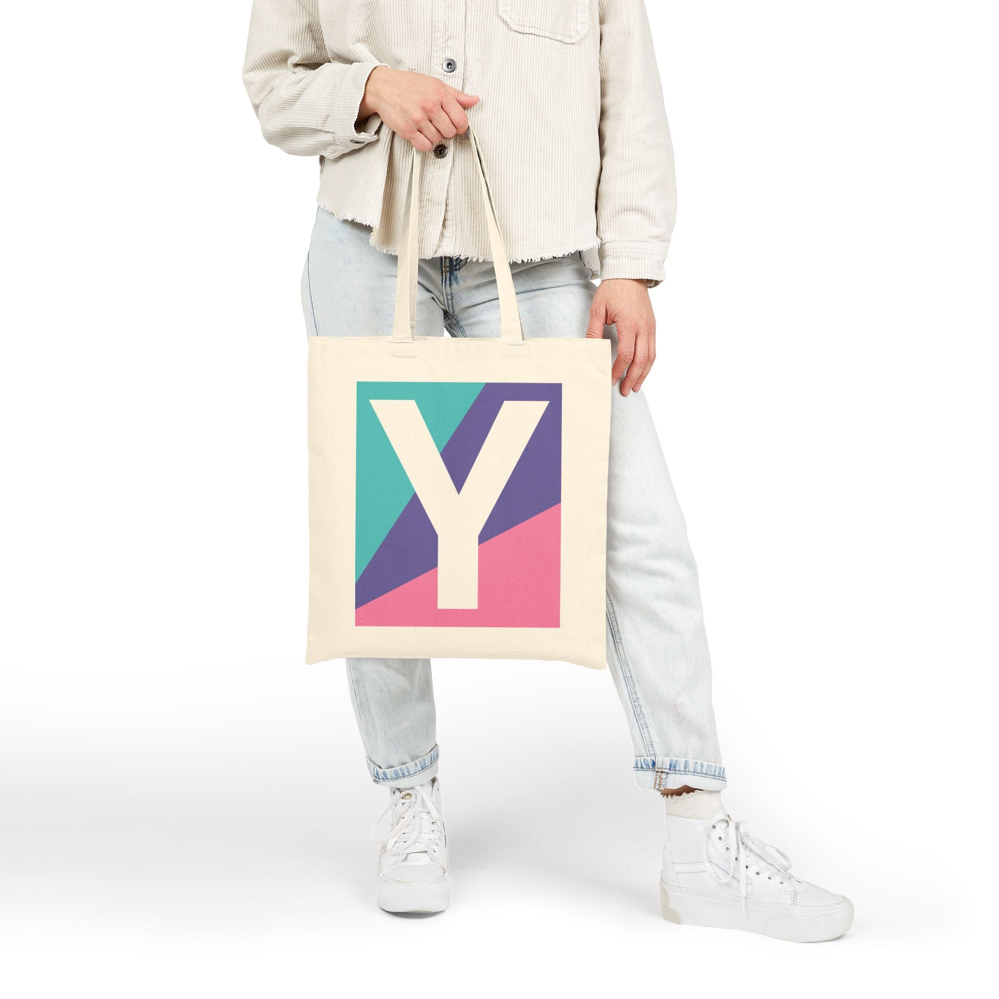Initial Y Colorblock Canvas Tote Bag — Monogram Letter Y Reusable Grocery Tote