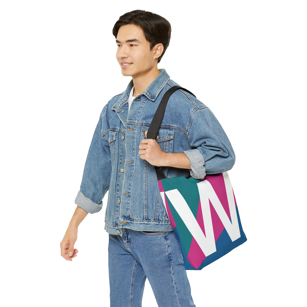 Initial Letter 'W' Colorblock Adjustable Tote Bag — Monogram Alphabet Shoulder Bag
