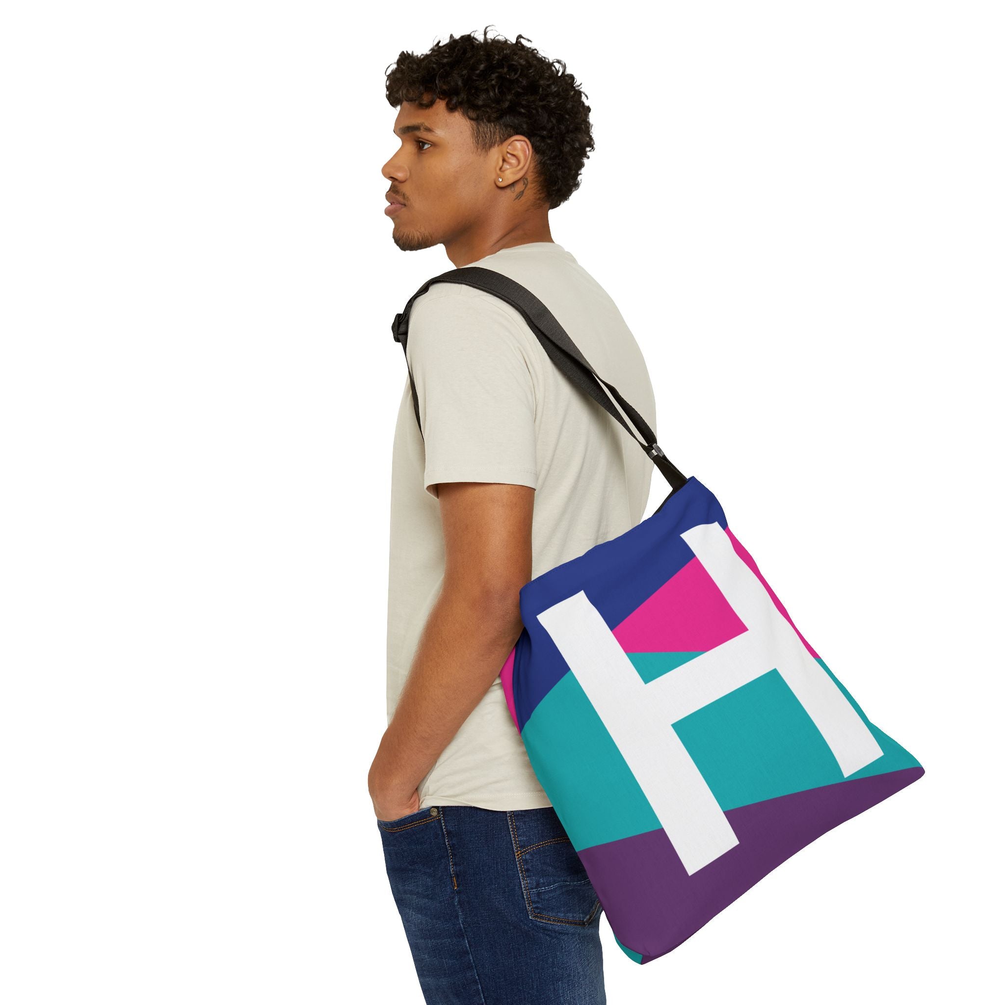 Initial Letter 'H' Colorblock Adjustable Tote Bag — Monogram Alphabet Shoulder Bag