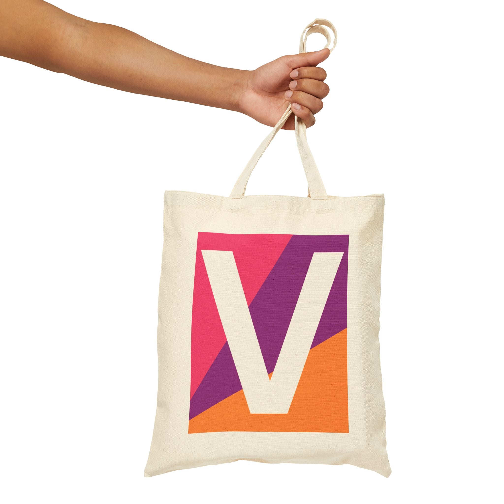Initial V Colorblock Canvas Tote Bag — Monogram Letter V Reusable Grocery Tote