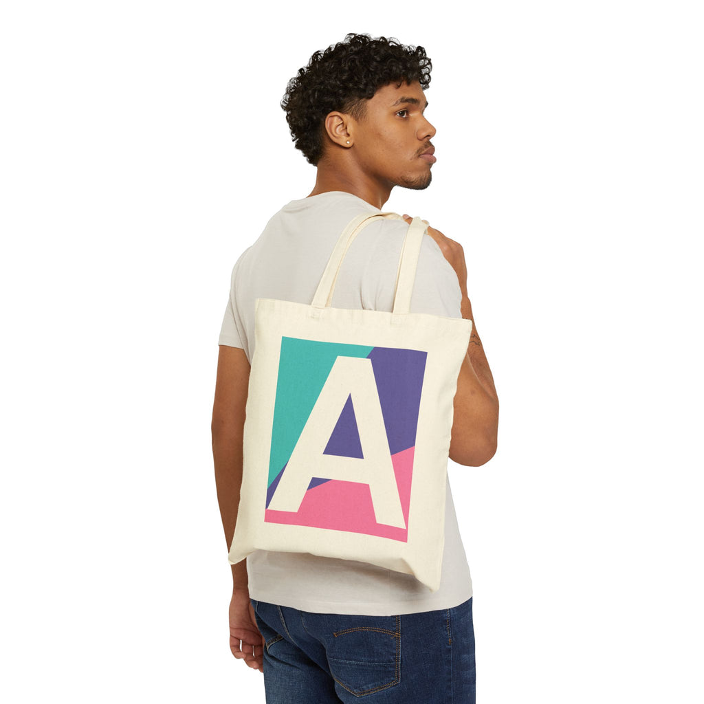 Initial A Colorblock Canvas Tote Bag — Monogram Letter A Reusable Grocery Tote