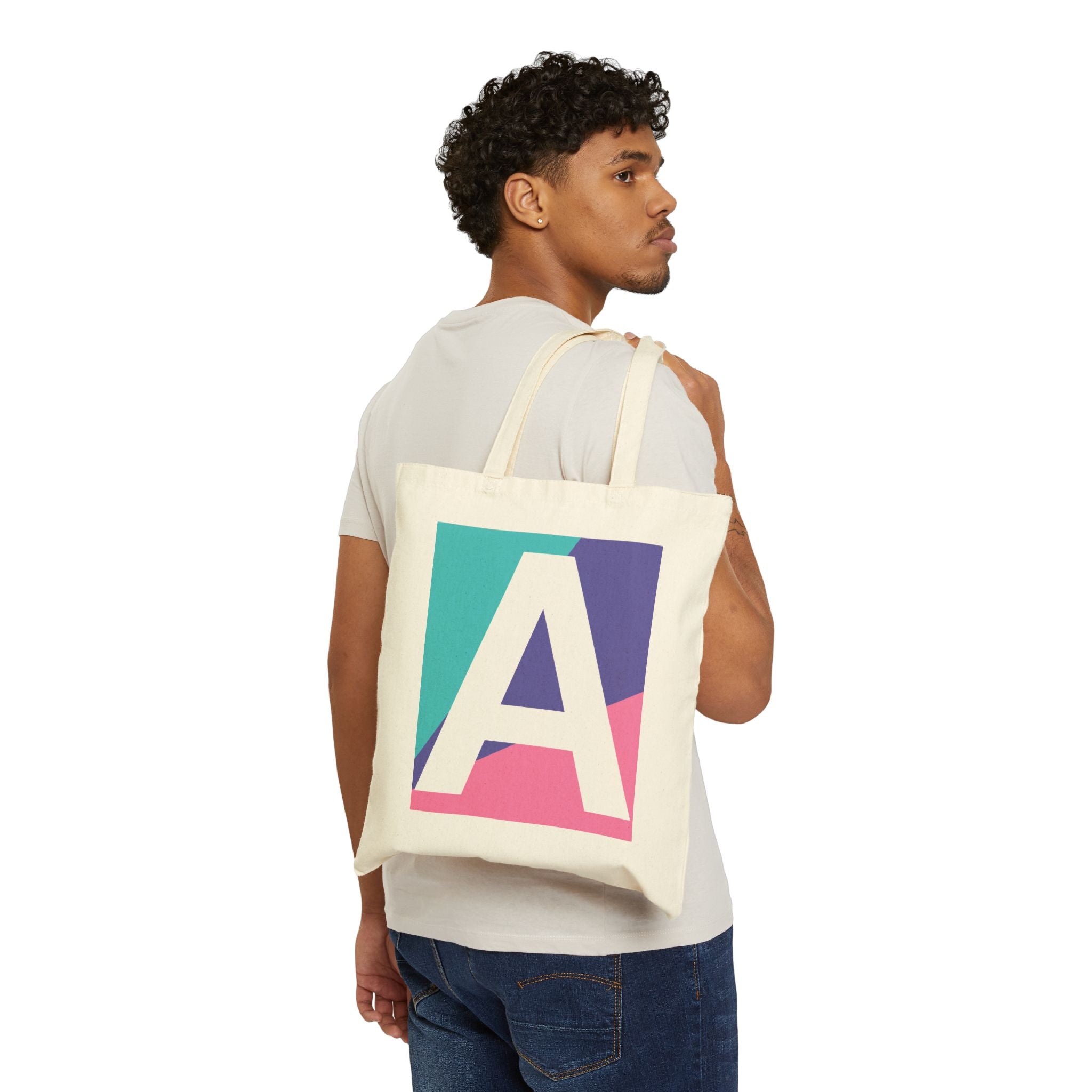 Initial A Colorblock Canvas Tote Bag — Monogram Letter A Reusable Grocery Tote