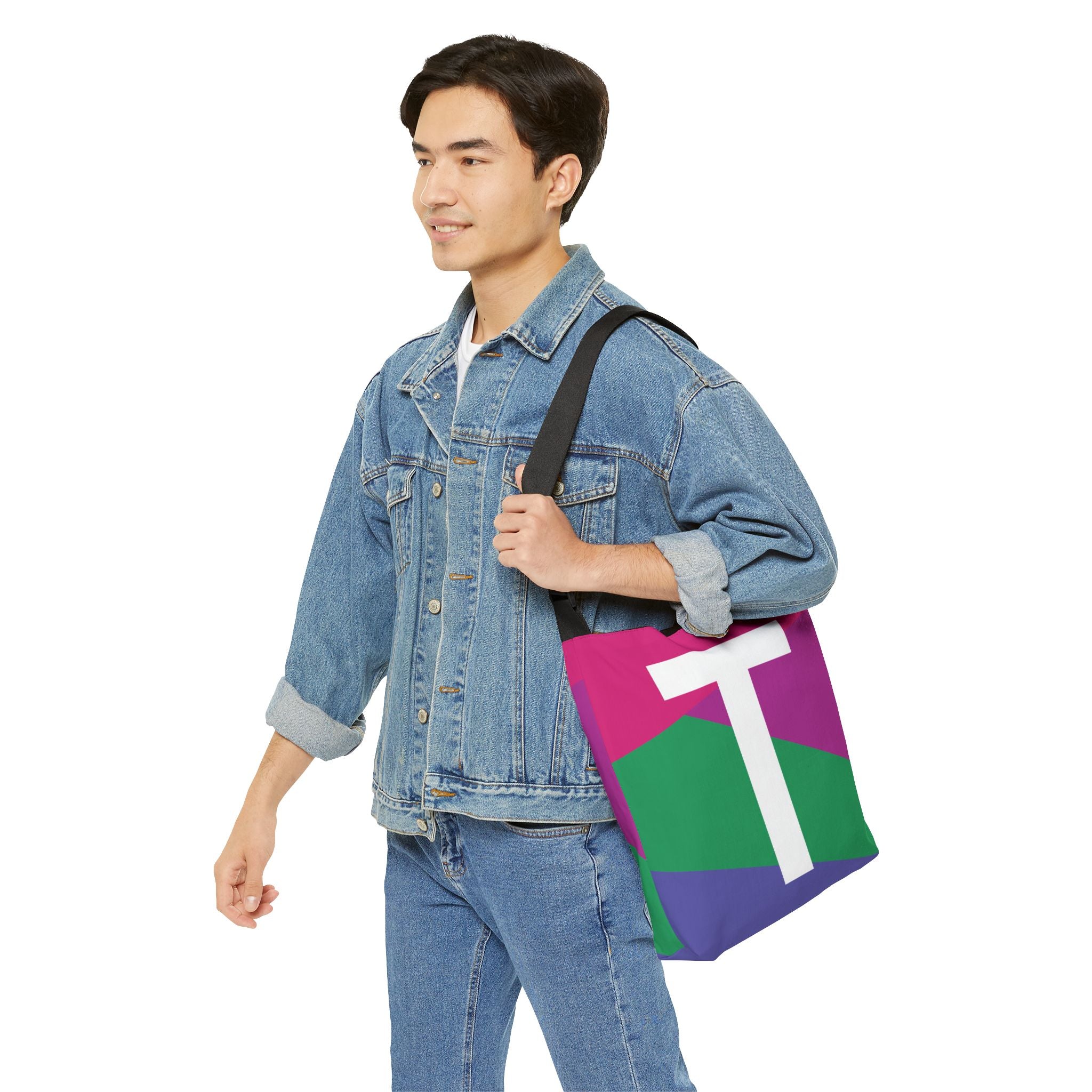 Initial Letter 'T' Colorblock Adjustable Tote Bag — Monogram Alphabet Shoulder Bag