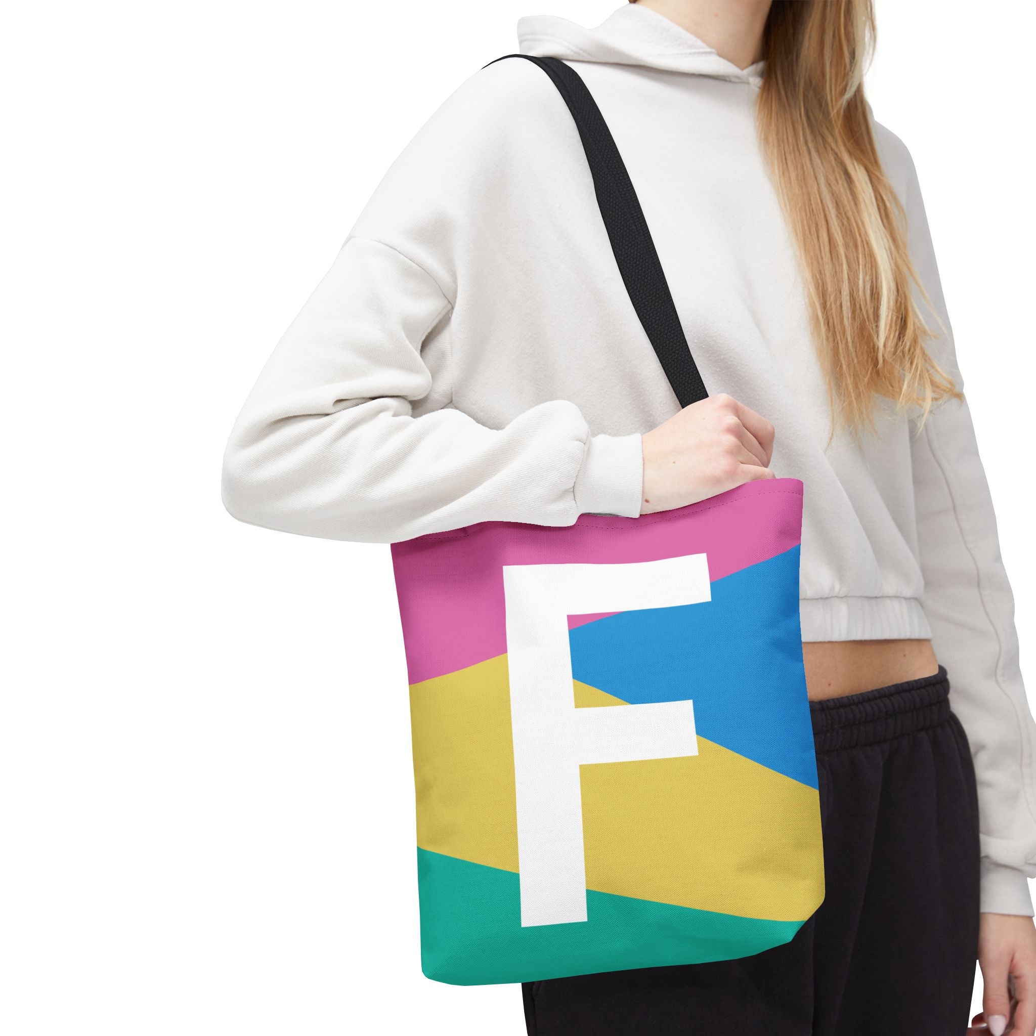 Monogram 'F' Colorblock Tote Bag — Personalized Initial F Shoulder Tote