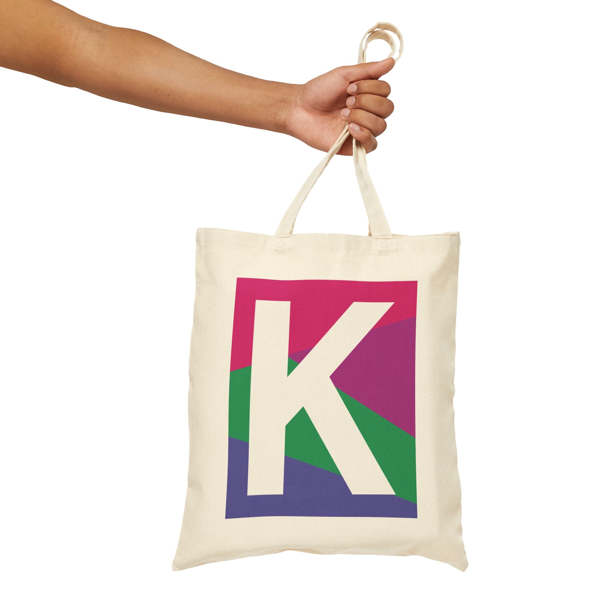 Initial K Colorblock Canvas Tote Bag — Monogram Letter K Reusable Grocery Tote