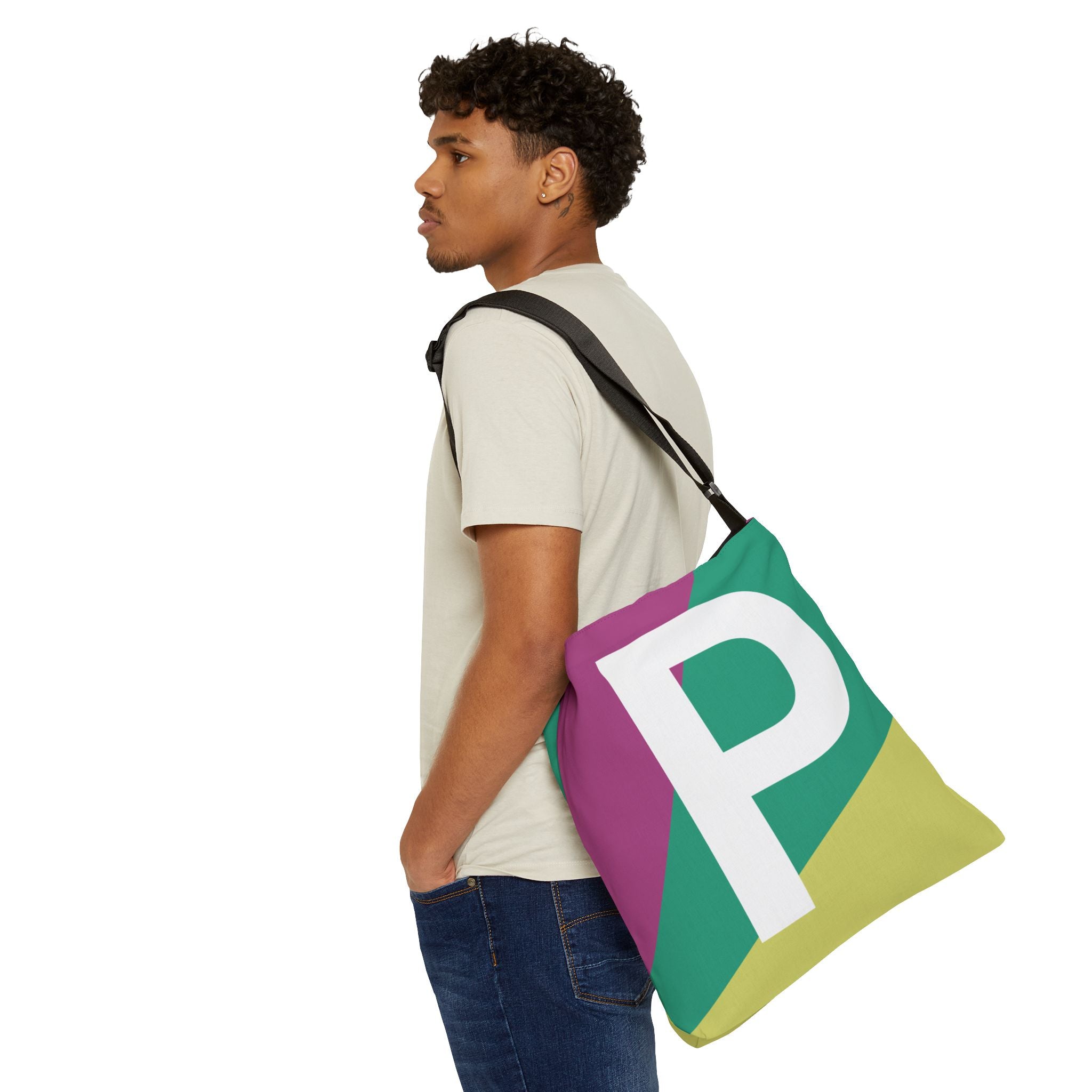 Initial Letter 'P' Colorblock Adjustable Tote Bag — Monogram Alphabet Shoulder Bag