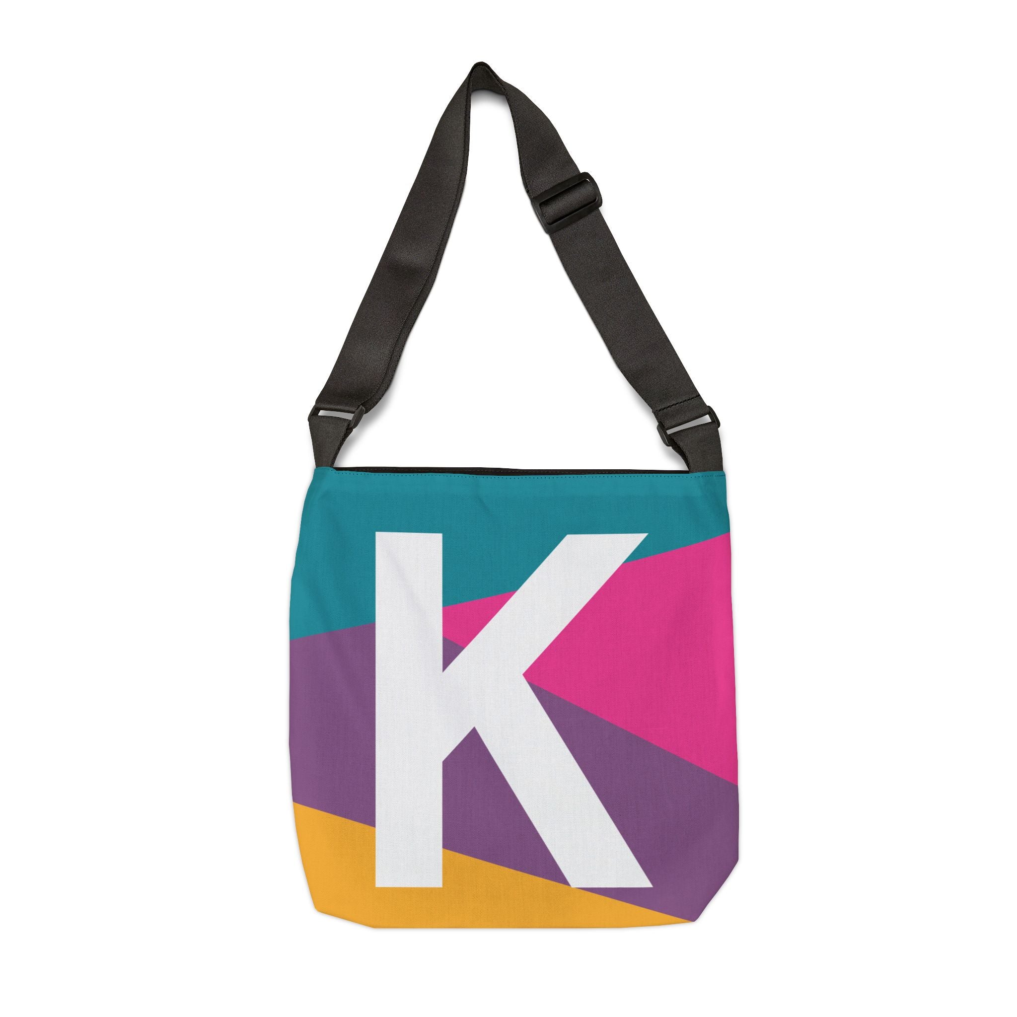 Initial Letter 'K' Colorblock Adjustable Tote Bag — Monogram Alphabet Shoulder Bag