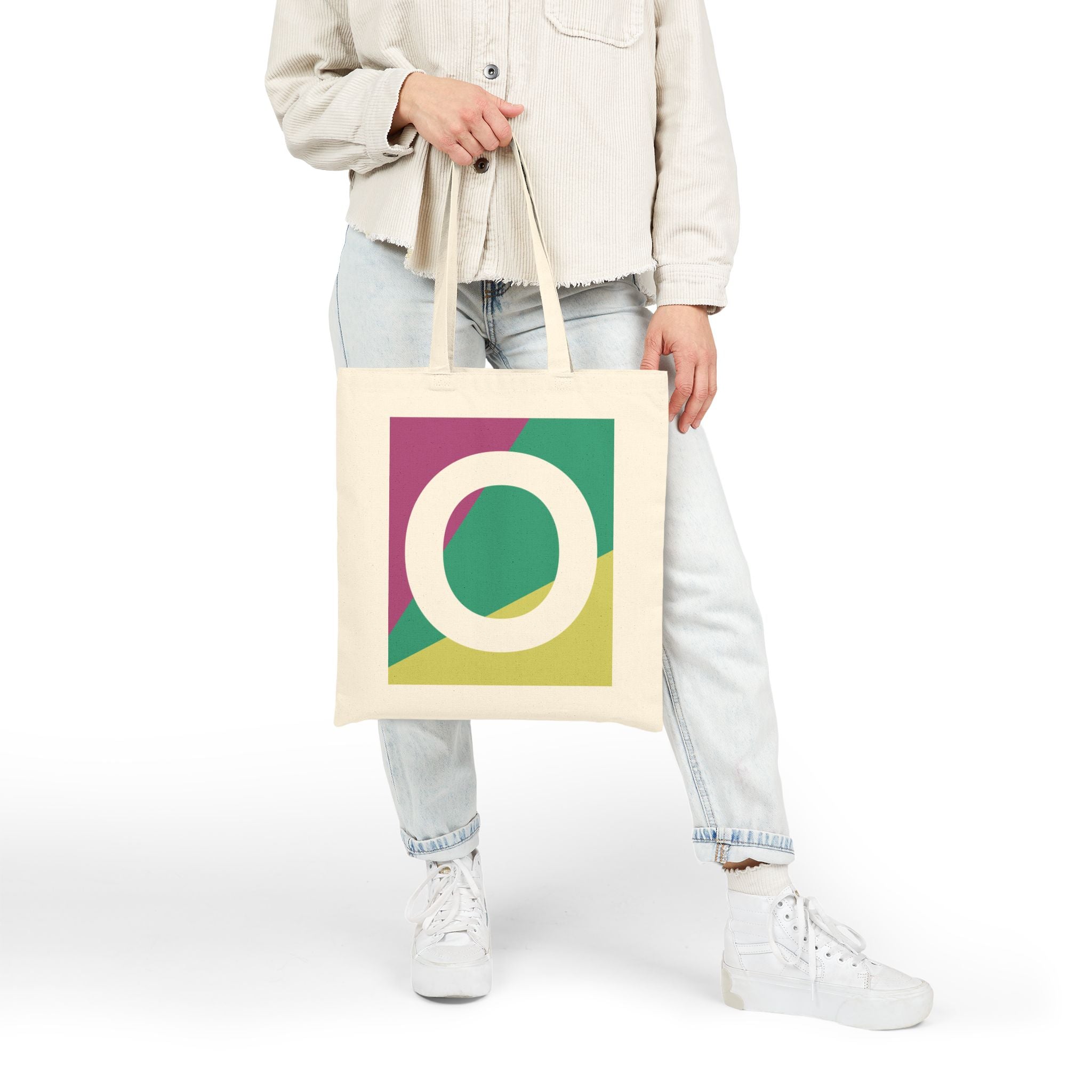 Initial O Colorblock Canvas Tote Bag — Monogram Letter O Reusable Grocery Tote
