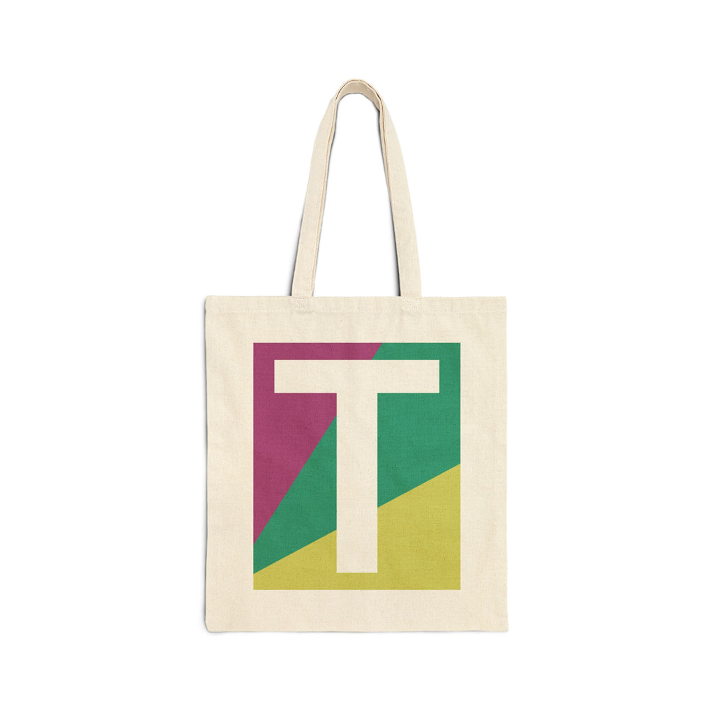 Initial T Colorblock Canvas Tote Bag — Monogram Letter T Reusable Grocery Tote