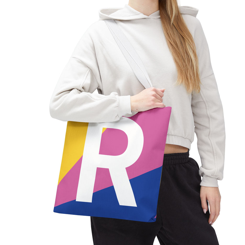 Monogram 'R' Colorblock Tote Bag — Personalized Initial R Shoulder Tote