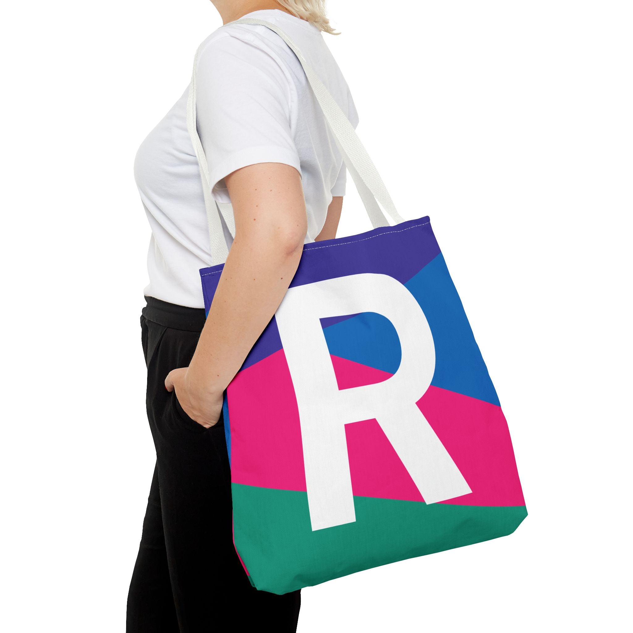 Monogram 'R' Colorblock Tote Bag — Personalized Initial R Shoulder Tote