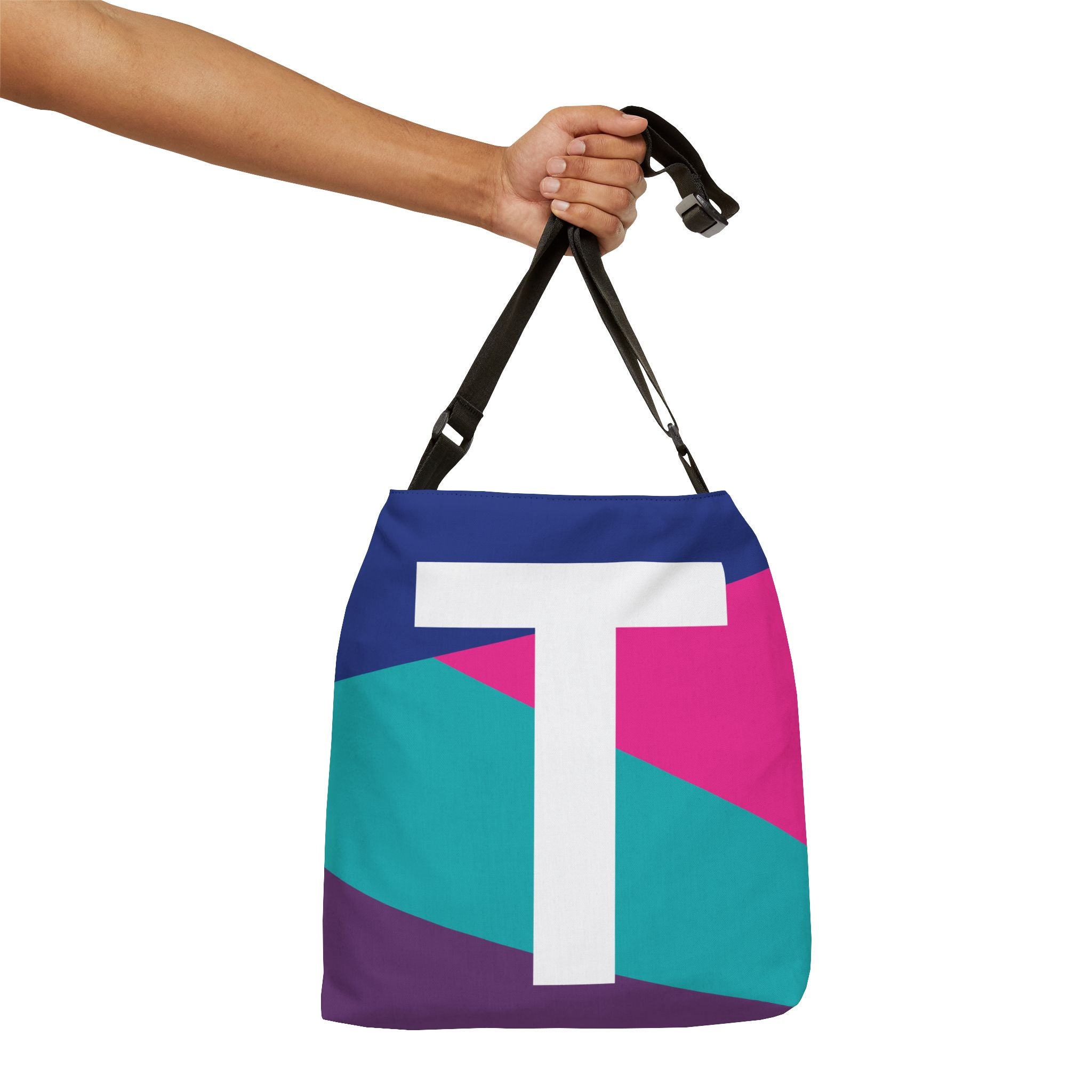 Initial Letter 'T' Colorblock Adjustable Tote Bag — Monogram Alphabet Shoulder Bag