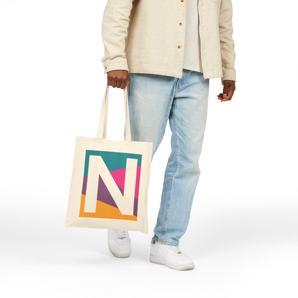 Initial N Colorblock Canvas Tote Bag — Monogram Letter N Reusable Grocery Tote