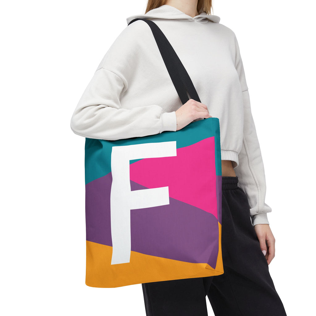 Monogram 'F' Colorblock Tote Bag — Personalized Initial F Shoulder Tote