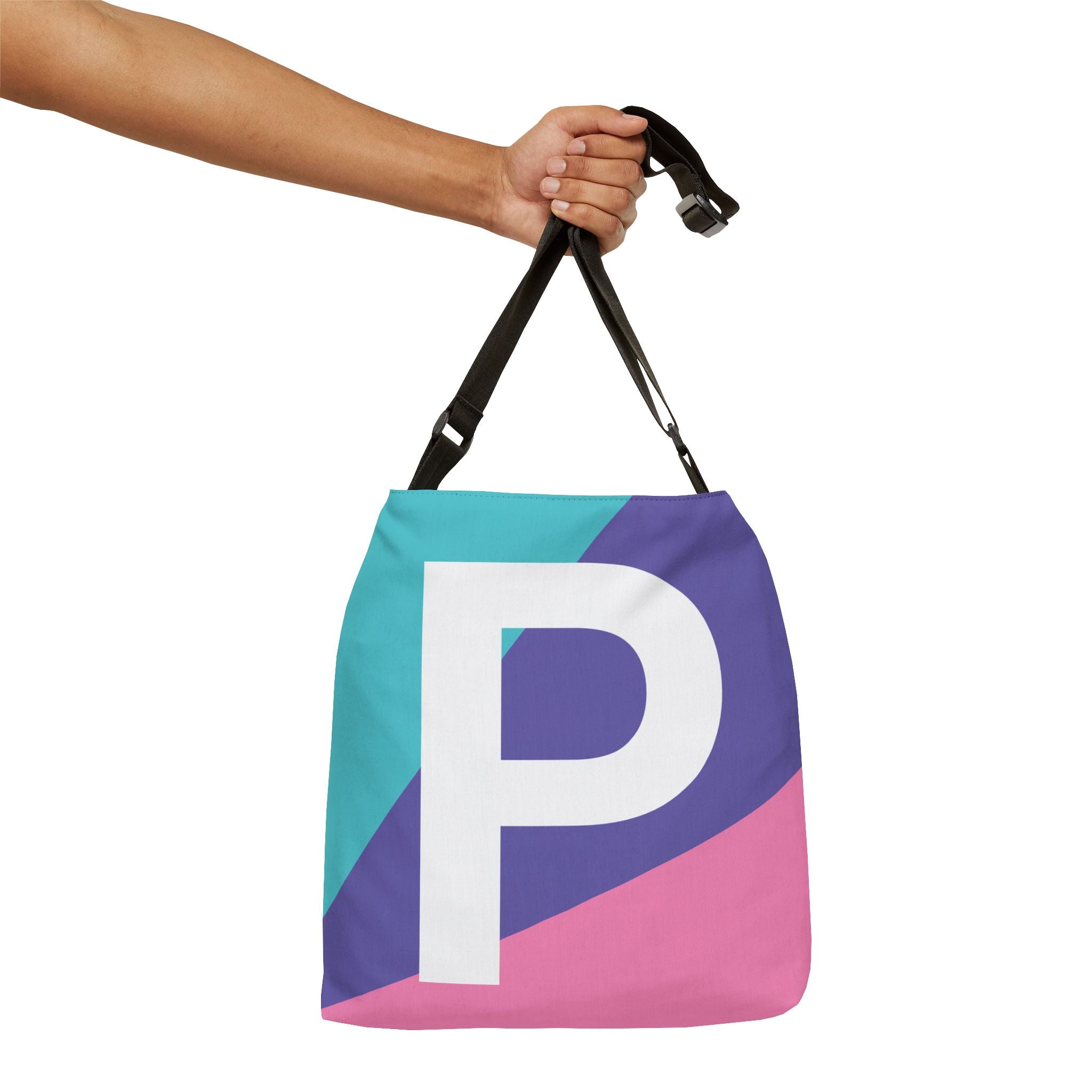 Initial Letter 'P' Colorblock Adjustable Tote Bag — Monogram Alphabet Shoulder Bag