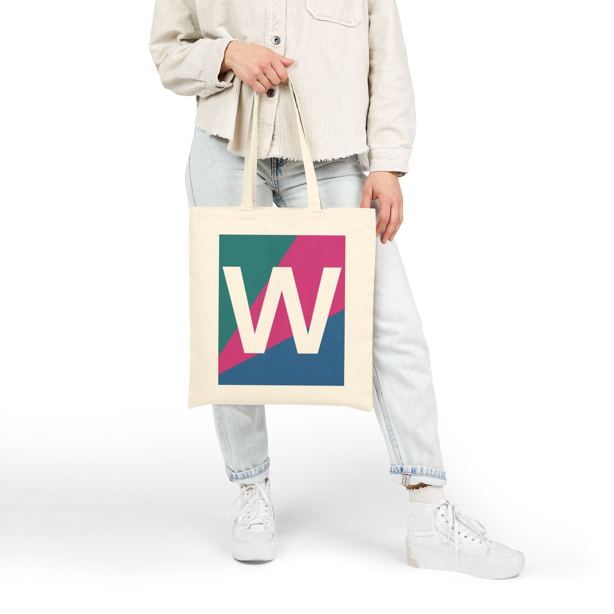 Initial W Colorblock Canvas Tote Bag — Monogram Letter W Reusable Grocery Tote