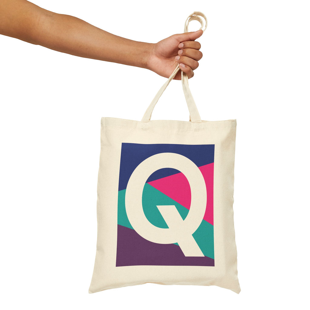 Initial Q Colorblock Canvas Tote Bag — Monogram Letter Q Reusable Grocery Tote