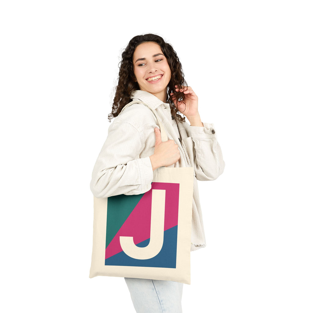 Initial J Colorblock Canvas Tote Bag — Monogram Letter J Reusable Grocery Tote