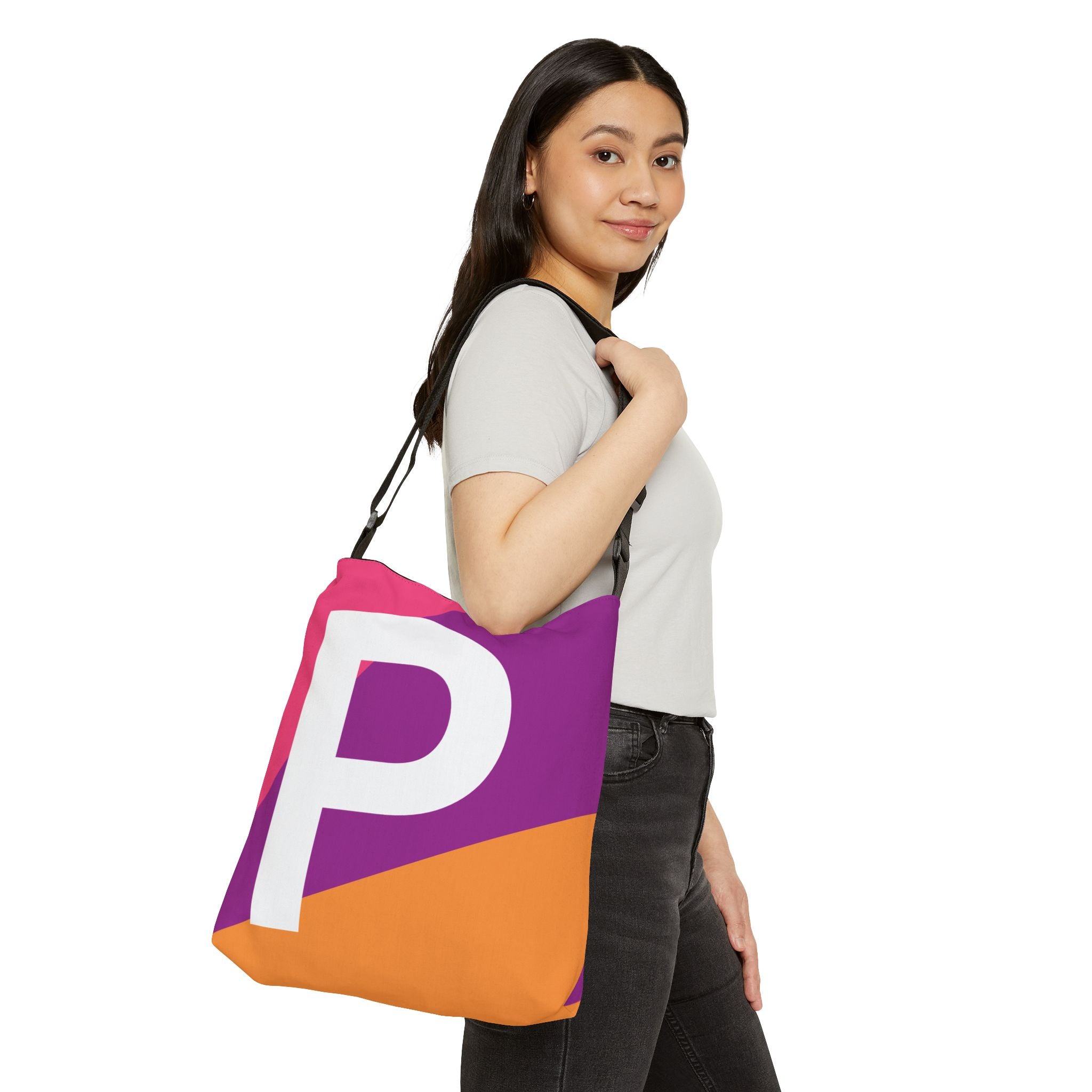 Initial Letter 'P' Colorblock Adjustable Tote Bag — Monogram Alphabet Shoulder Bag