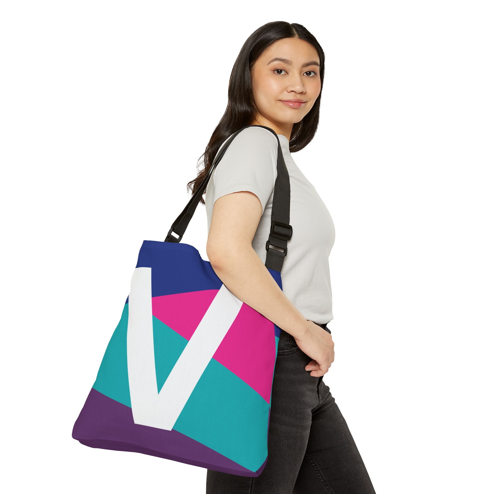 Initial Letter 'V' Colorblock Adjustable Tote Bag — Monogram Alphabet Shoulder Bag