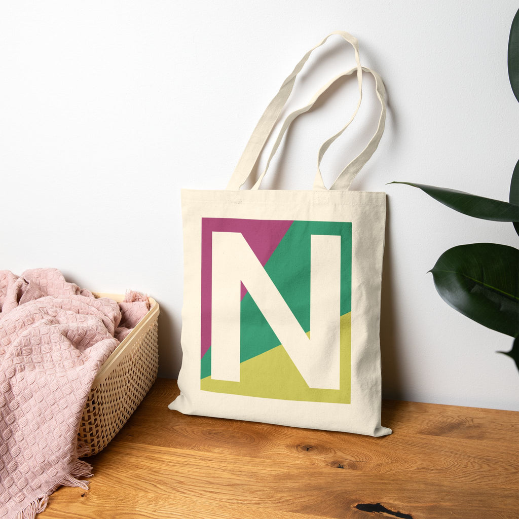 Initial N Colorblock Canvas Tote Bag — Monogram Letter N Reusable Grocery Tote