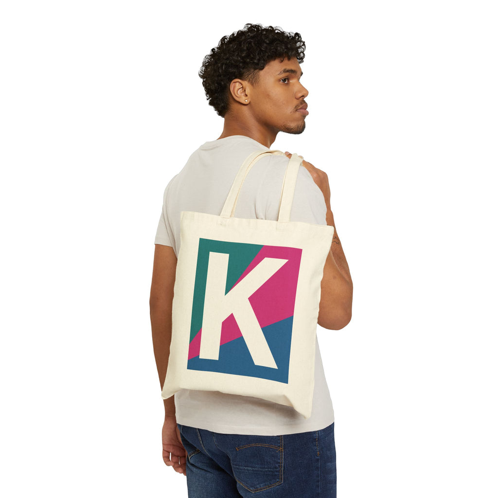 Initial K Colorblock Canvas Tote Bag — Monogram Letter K Reusable Grocery Tote