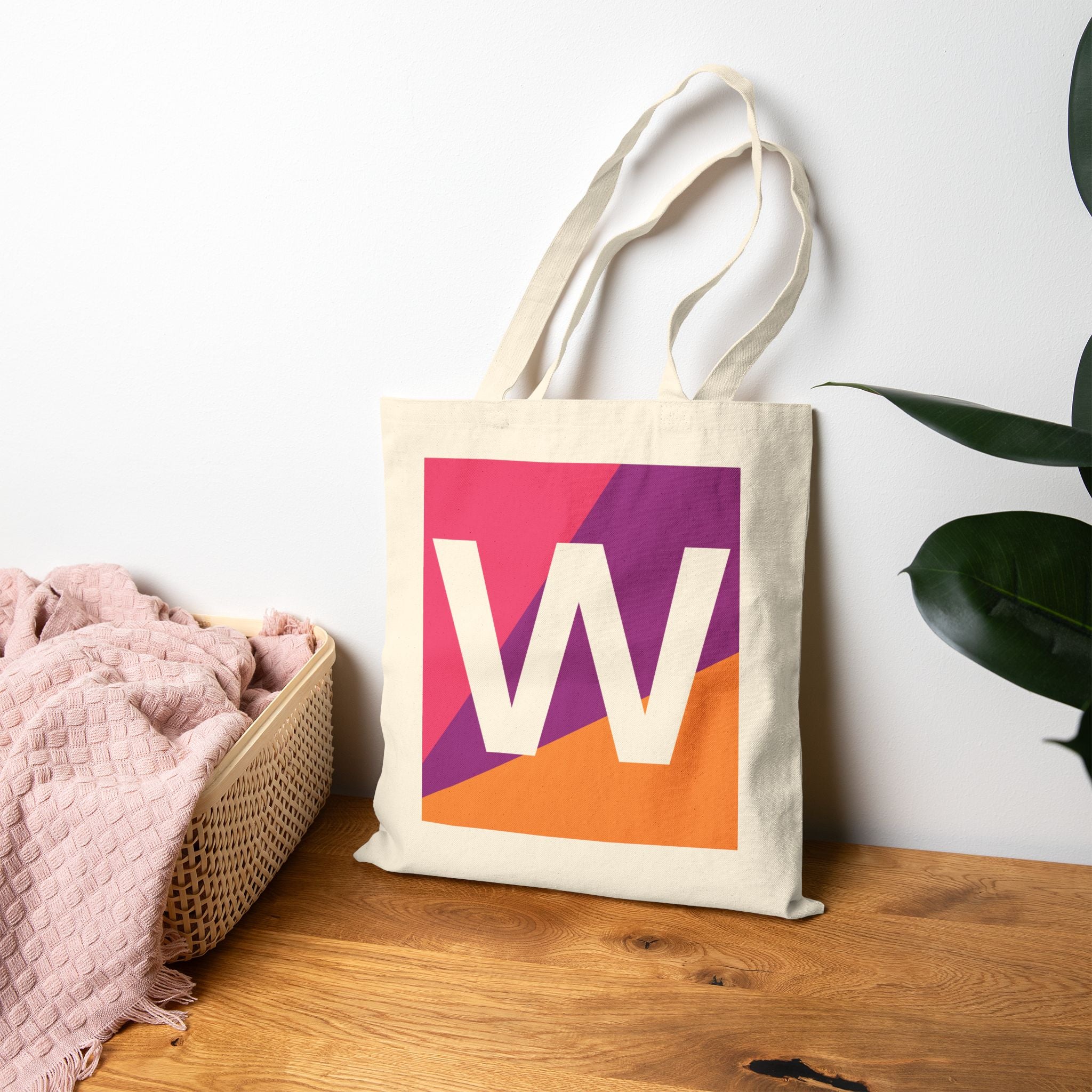 Initial W Colorblock Canvas Tote Bag — Monogram Letter W Reusable Grocery Tote