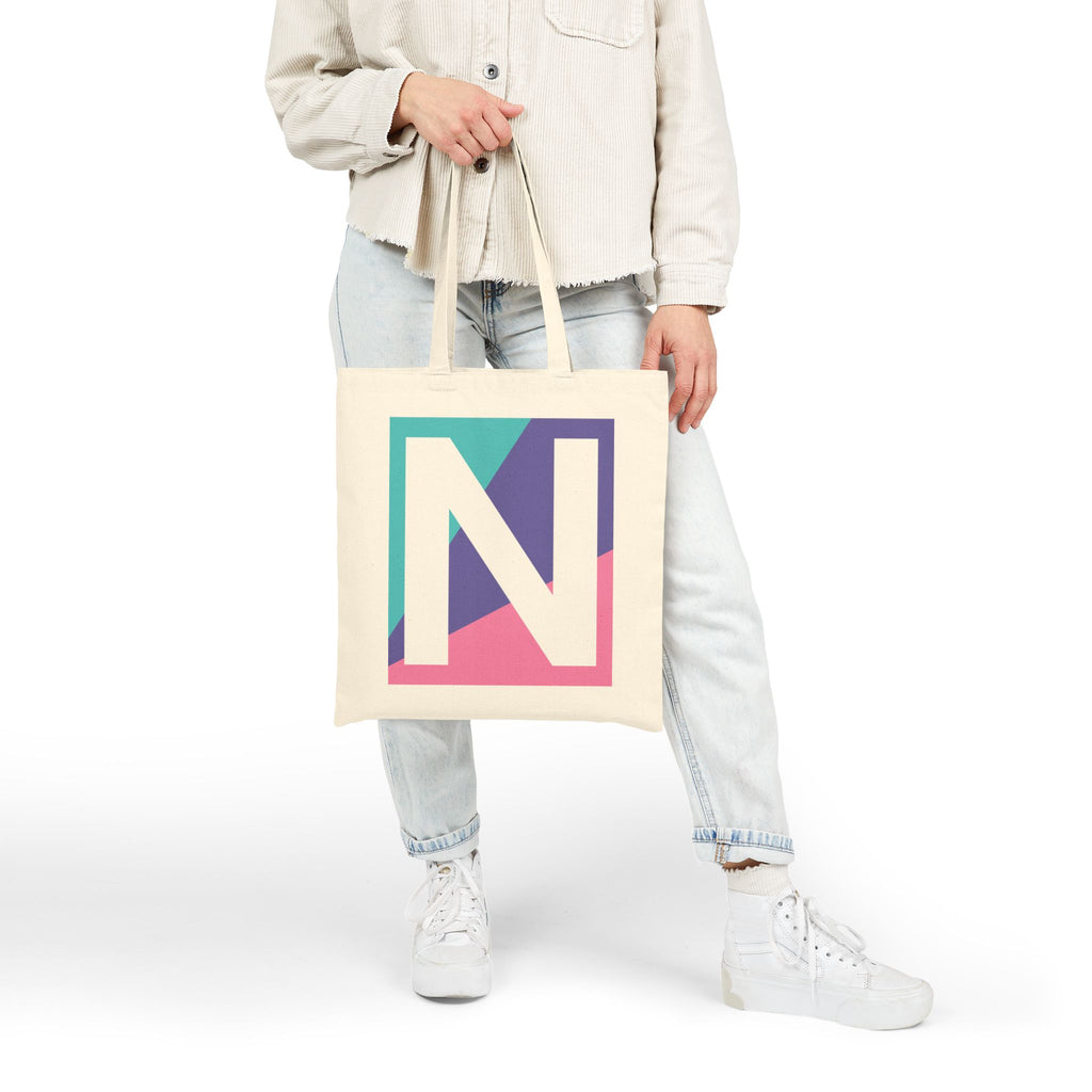 Initial N Colorblock Canvas Tote Bag — Monogram Letter N Reusable Grocery Tote