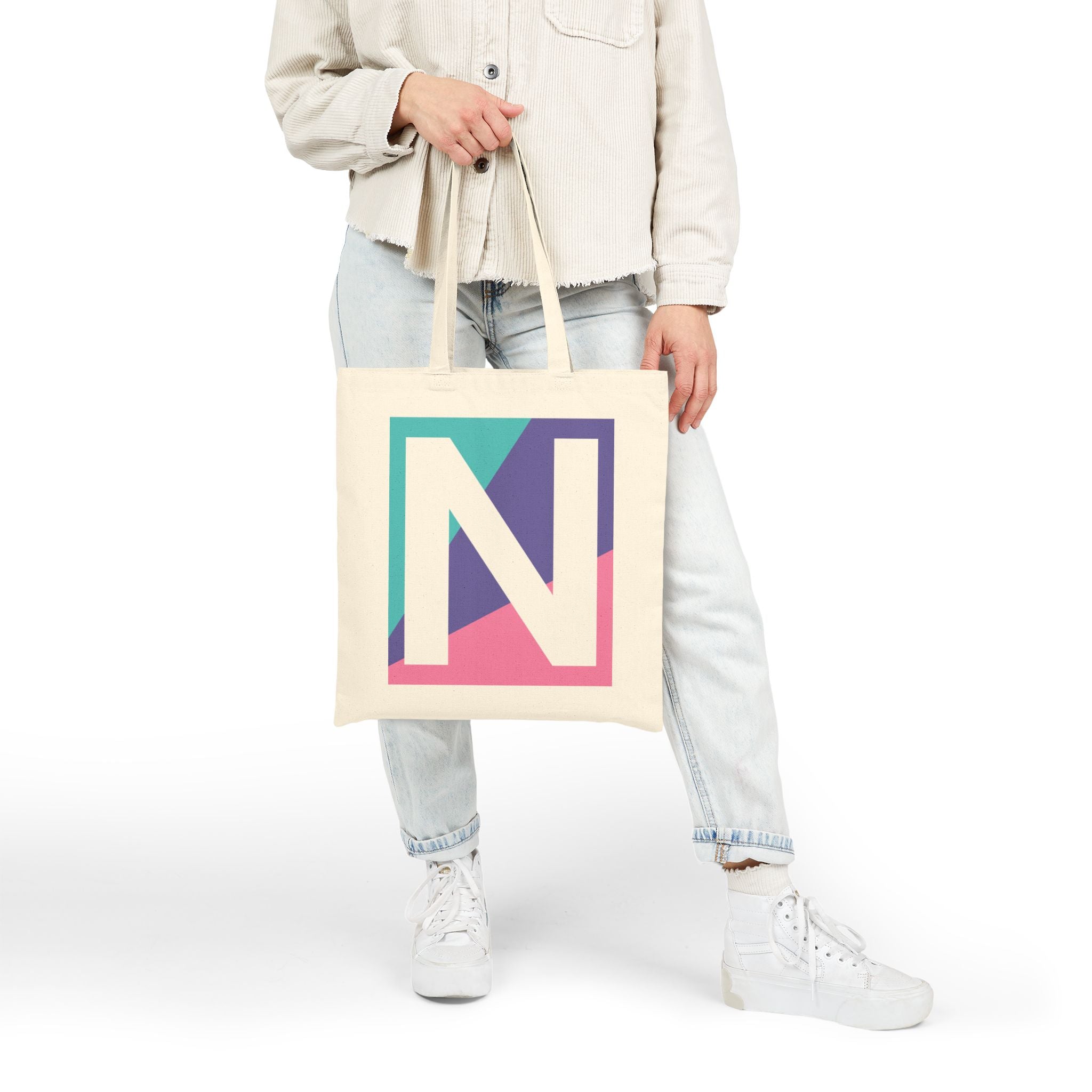 Initial N Colorblock Canvas Tote Bag — Monogram Letter N Reusable Grocery Tote