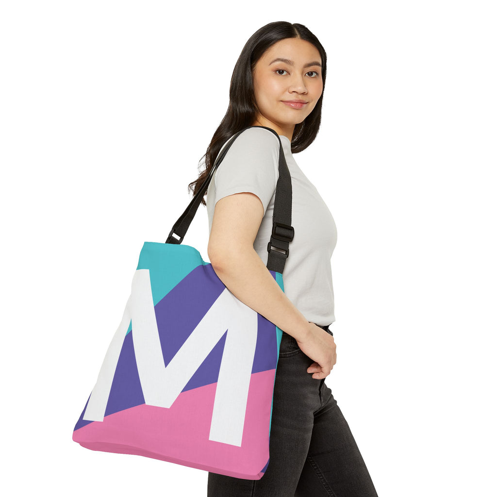 Initial Letter 'M' Colorblock Adjustable Tote Bag — Monogram Alphabet Shoulder Bag