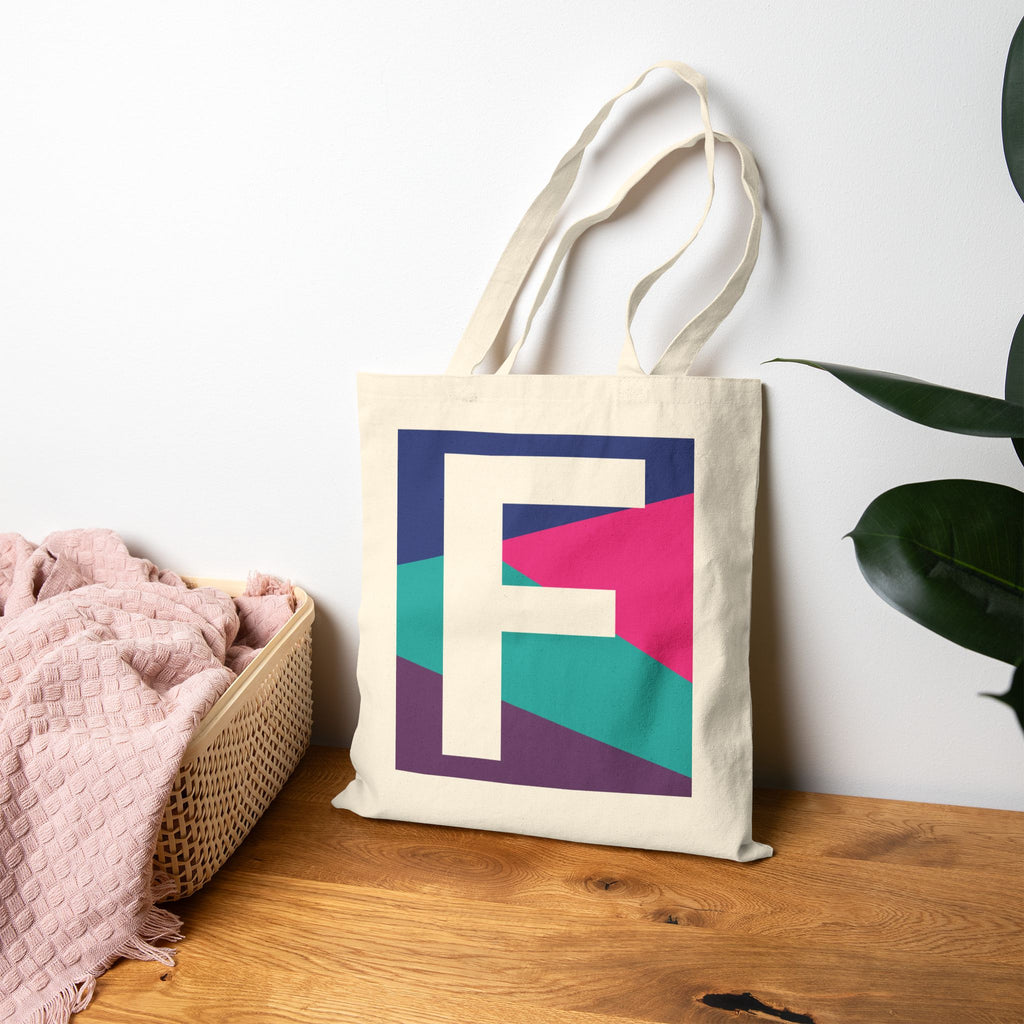 Initial F Colorblock Canvas Tote Bag — Monogram Letter F Reusable Grocery Tote