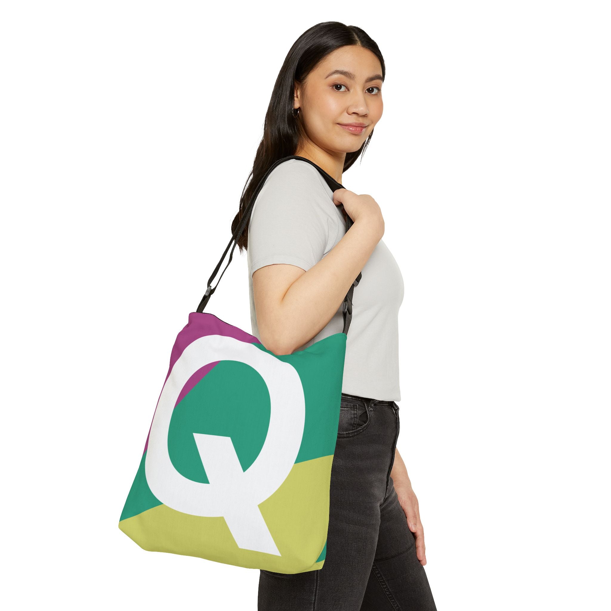 Initial Letter 'Q' Colorblock Adjustable Tote Bag — Monogram Alphabet Shoulder Bag