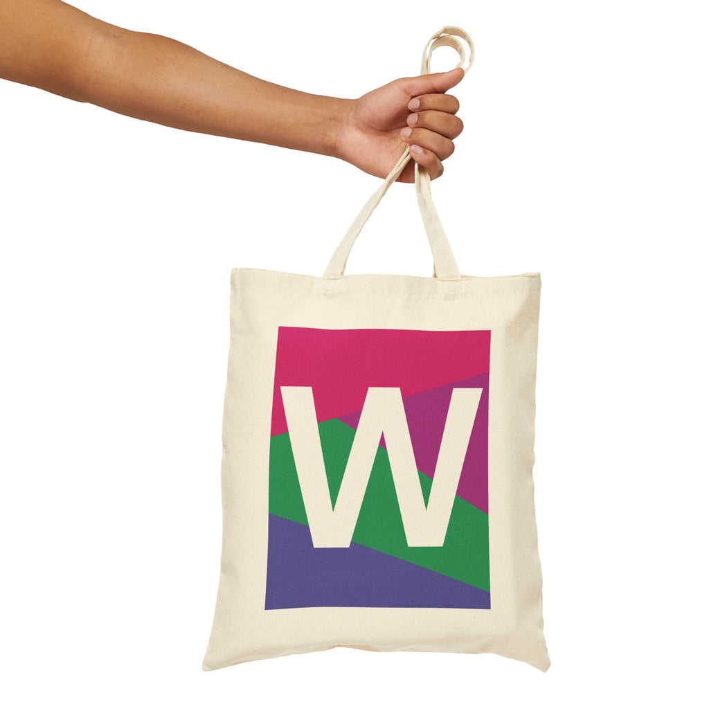 Initial W Colorblock Canvas Tote Bag — Monogram Letter W Reusable Grocery Tote