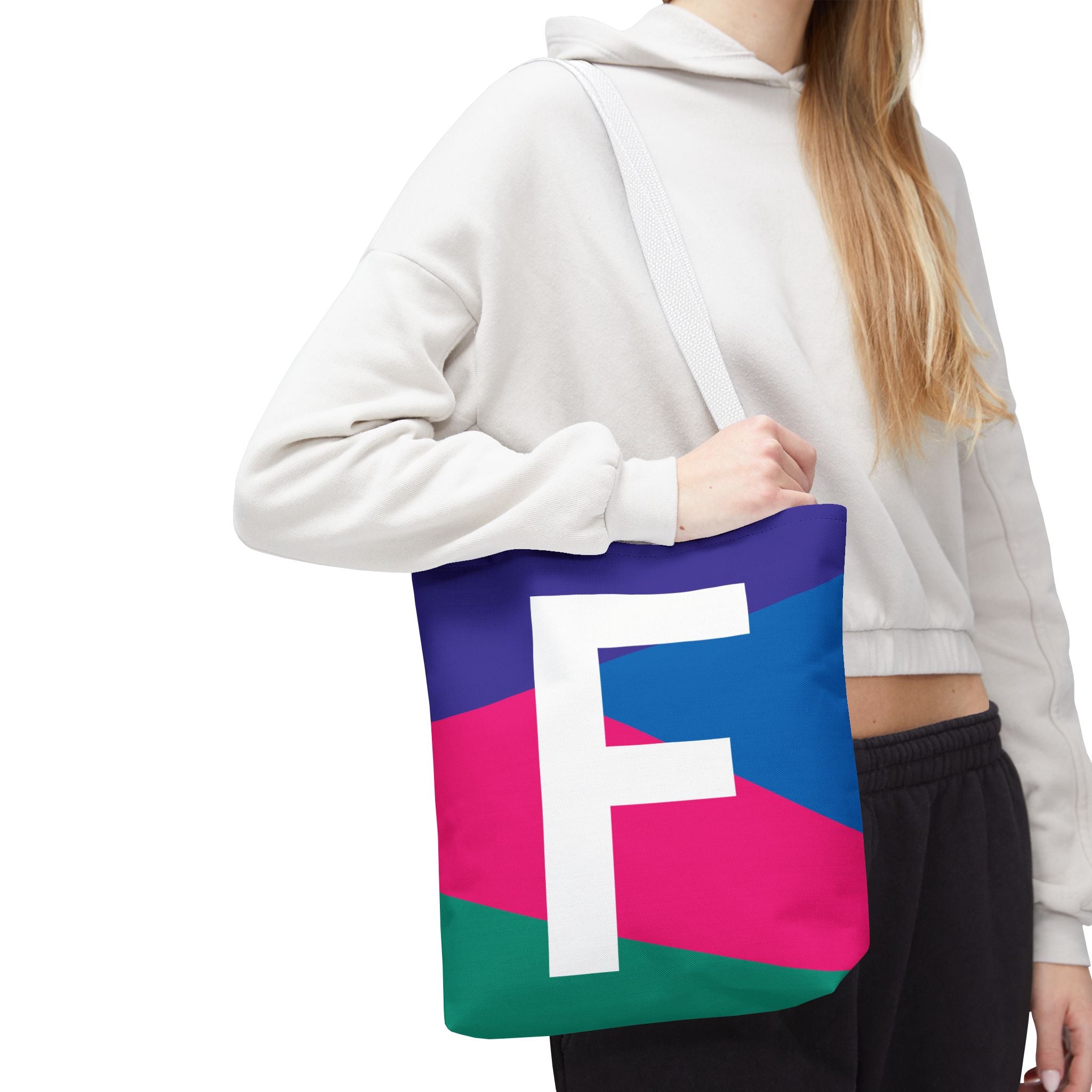 Monogram 'F' Colorblock Tote Bag — Personalized Initial F Shoulder Tote