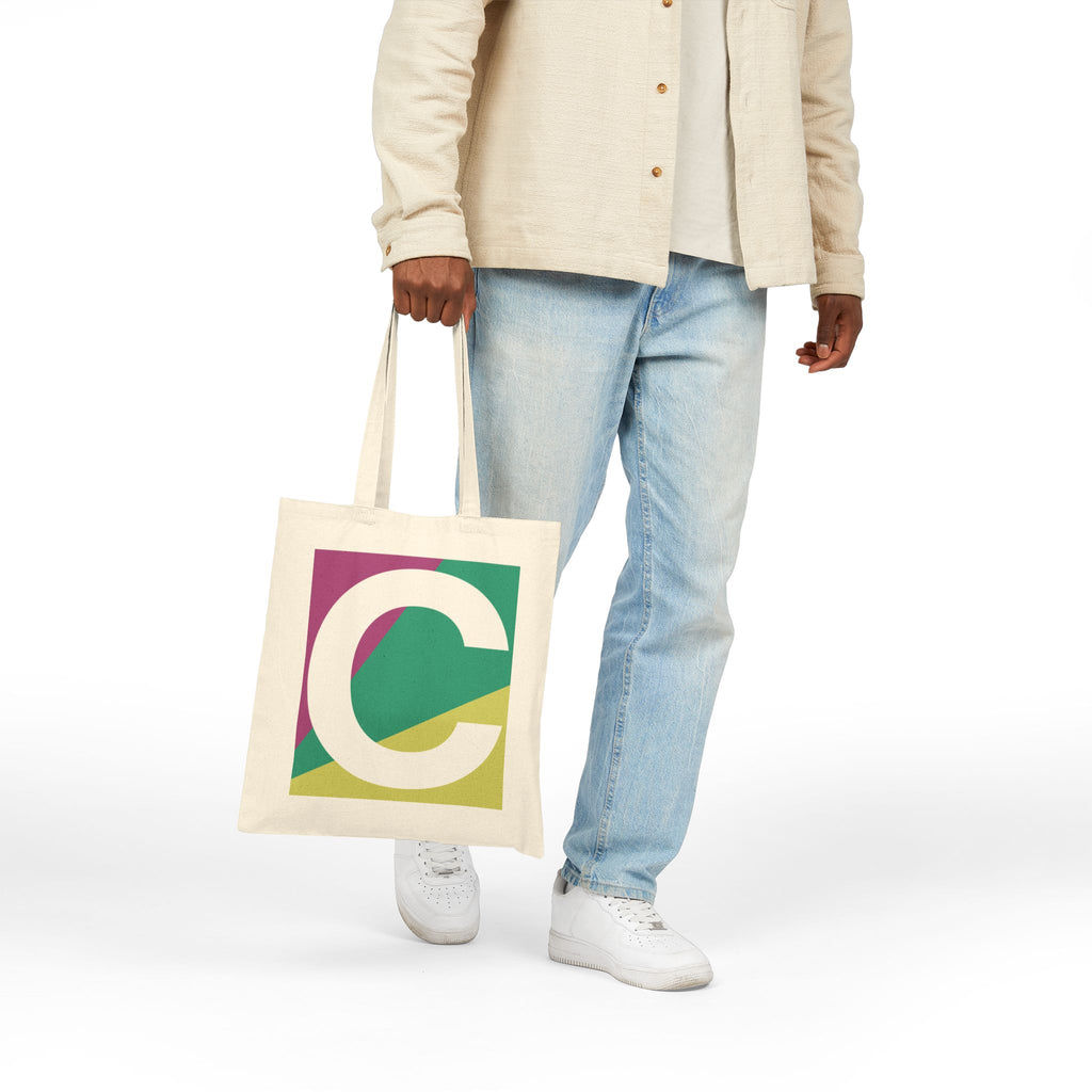 Initial C Colorblock Canvas Tote Bag — Monogram Letter C Reusable Grocery Tote