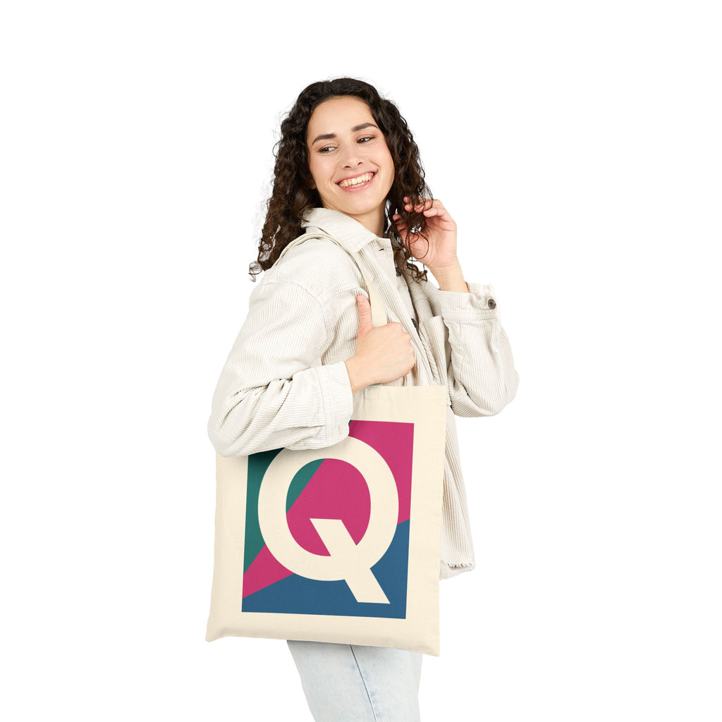 Initial Q Colorblock Canvas Tote Bag — Monogram Letter Q Reusable Grocery Tote