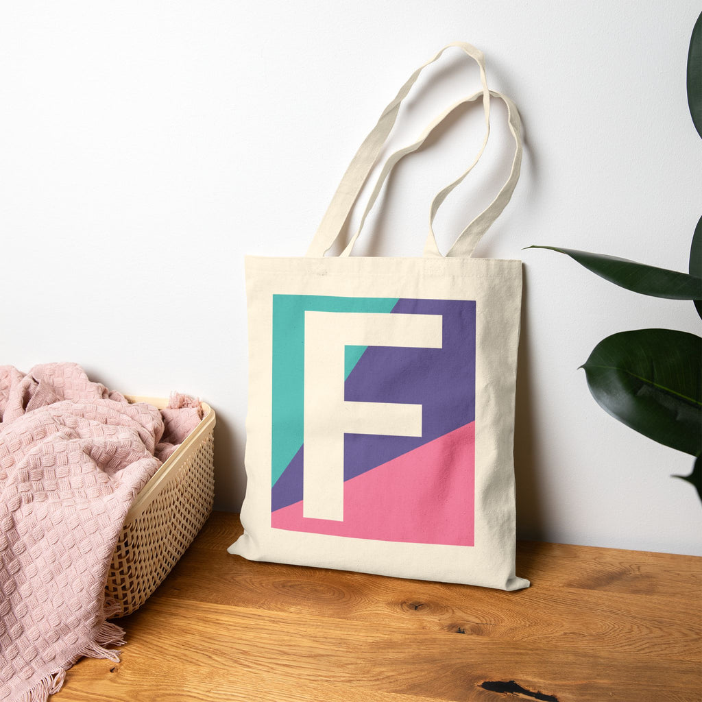 Initial F Colorblock Canvas Tote Bag — Monogram Letter F Reusable Grocery Tote