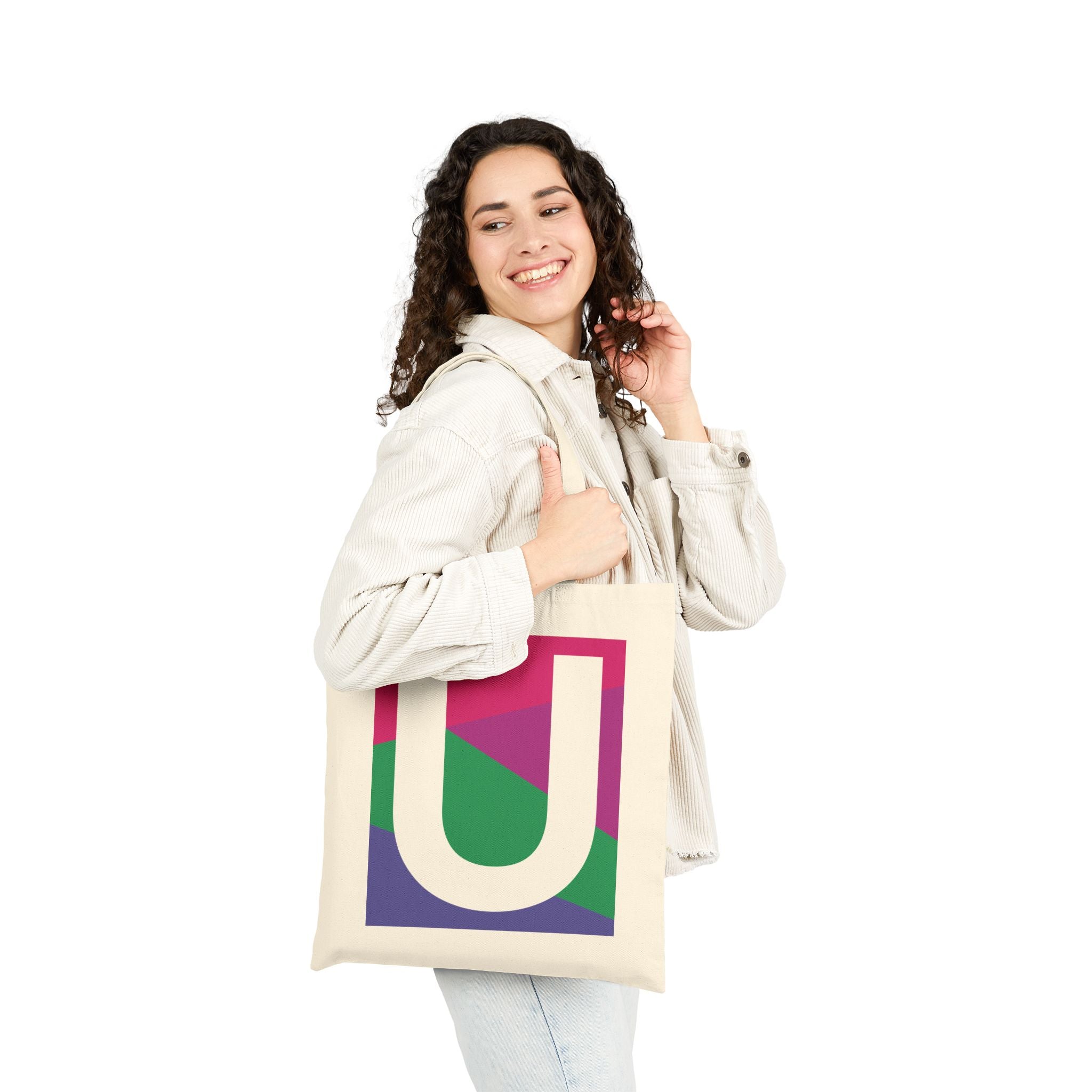 Initial U Colorblock Canvas Tote Bag — Monogram Letter U Reusable Grocery Tote