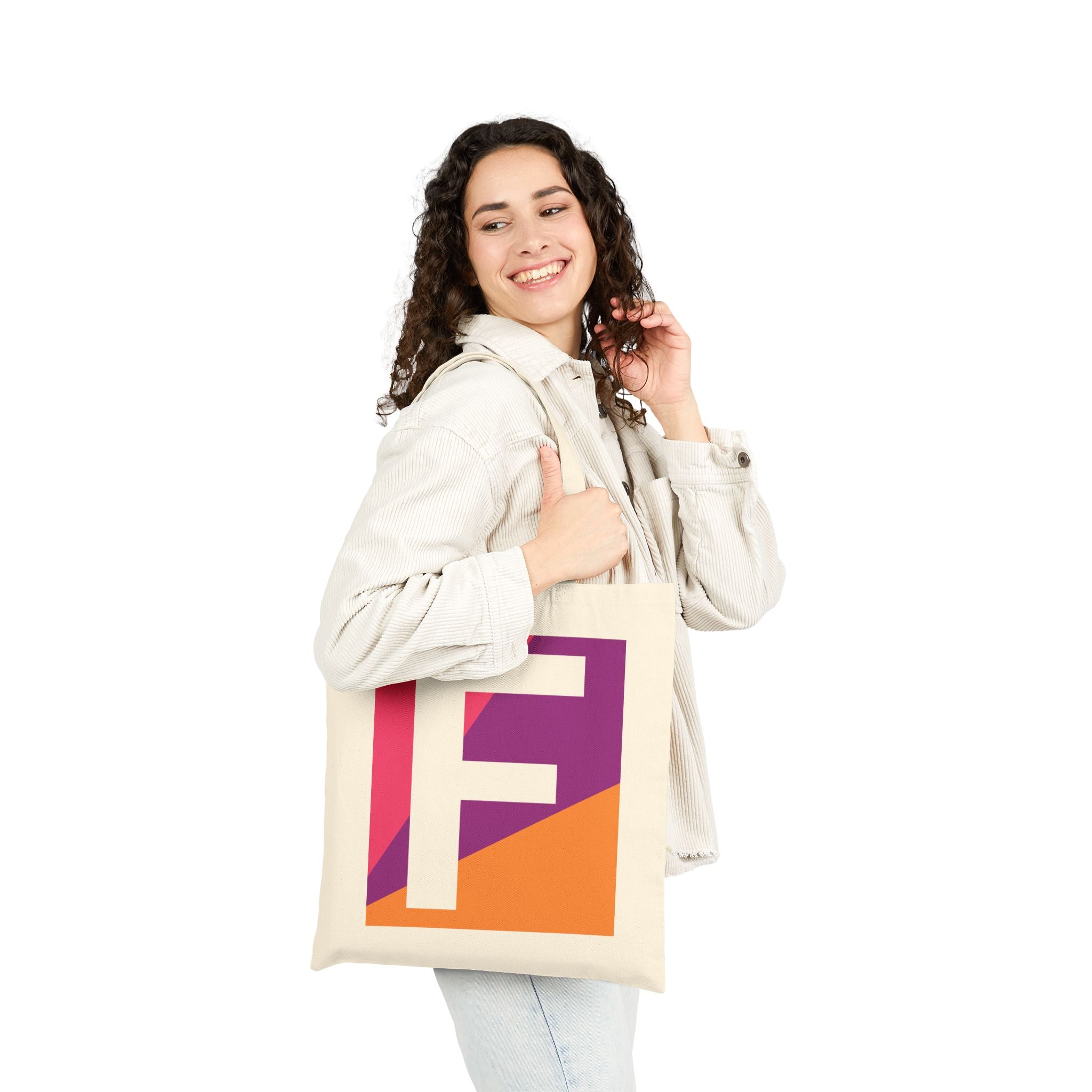 Initial F Colorblock Canvas Tote Bag — Monogram Letter F Reusable Grocery Tote