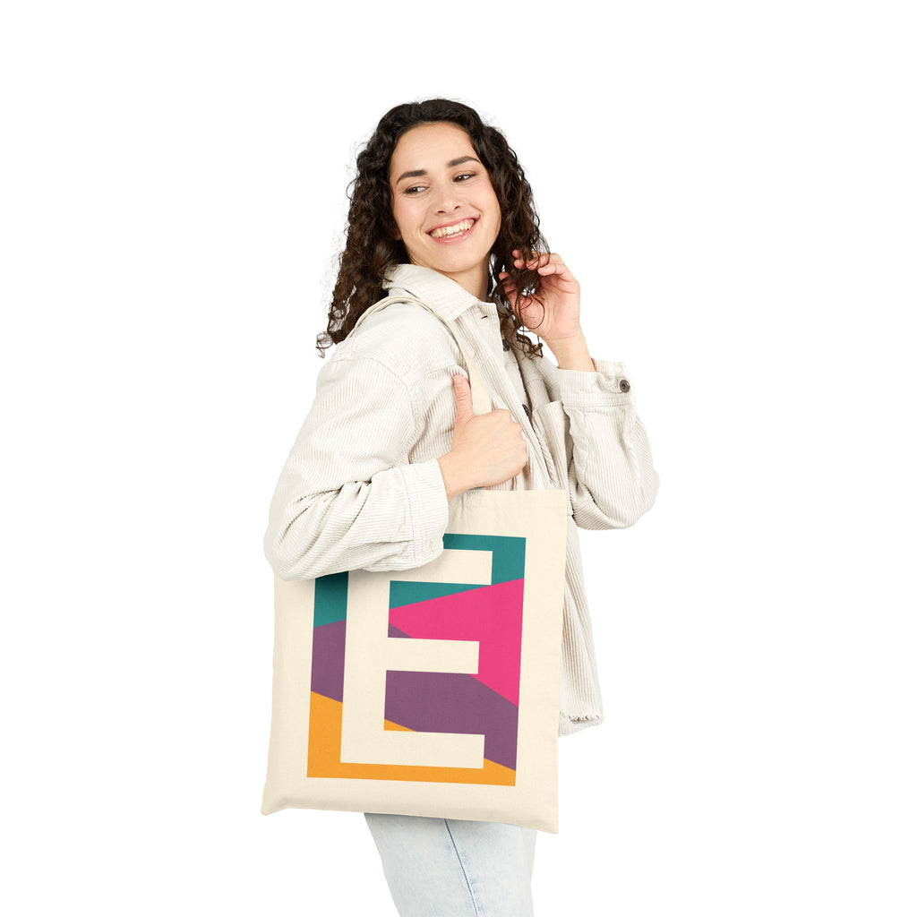 Initial E Colorblock Canvas Tote Bag — Monogram Letter E Reusable Grocery Tote