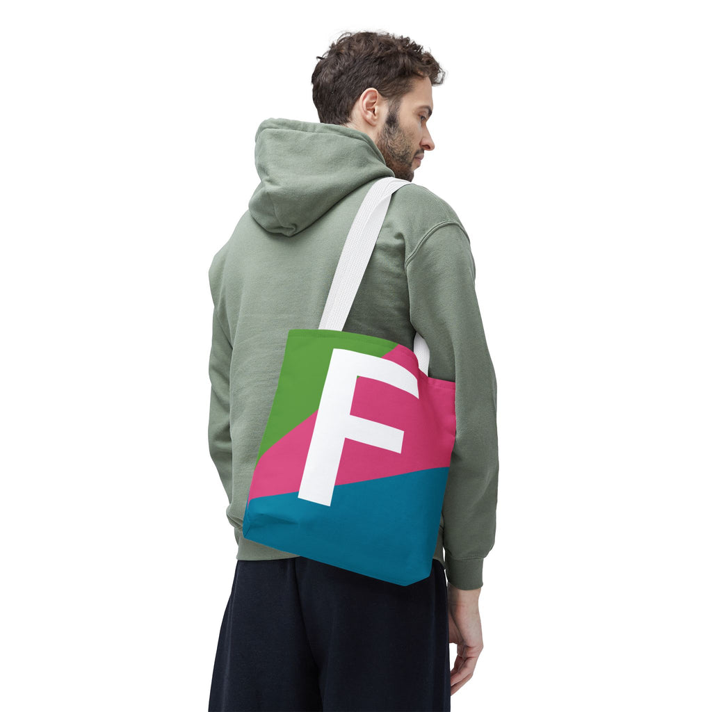 Monogram 'F' Colorblock Tote Bag — Personalized Initial F Shoulder Tote