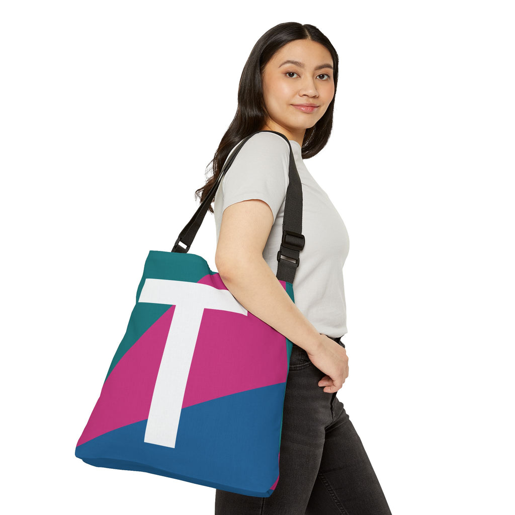 Initial Letter 'T' Colorblock Adjustable Tote Bag — Monogram Alphabet Shoulder Bag