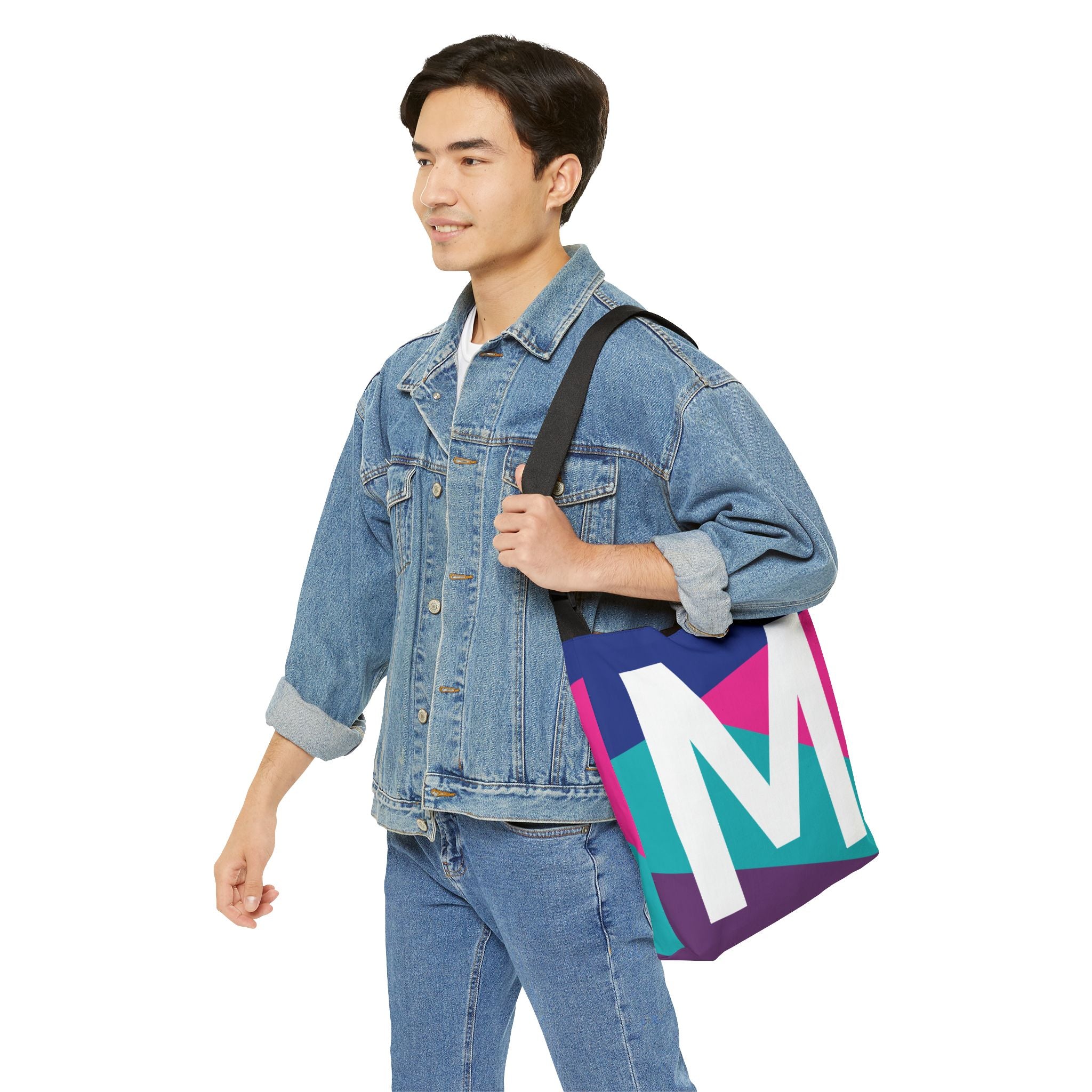 Initial Letter 'M' Colorblock Adjustable Tote Bag — Monogram Alphabet Shoulder Bag