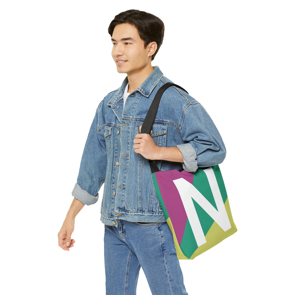 Initial Letter 'N' Colorblock Adjustable Tote Bag — Monogram Alphabet Shoulder Bag