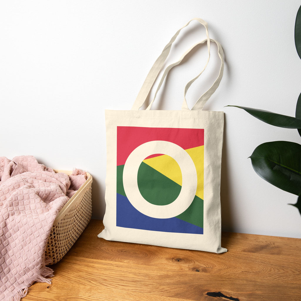 Initial O Colorblock Canvas Tote Bag — Monogram Letter O Reusable Grocery Tote