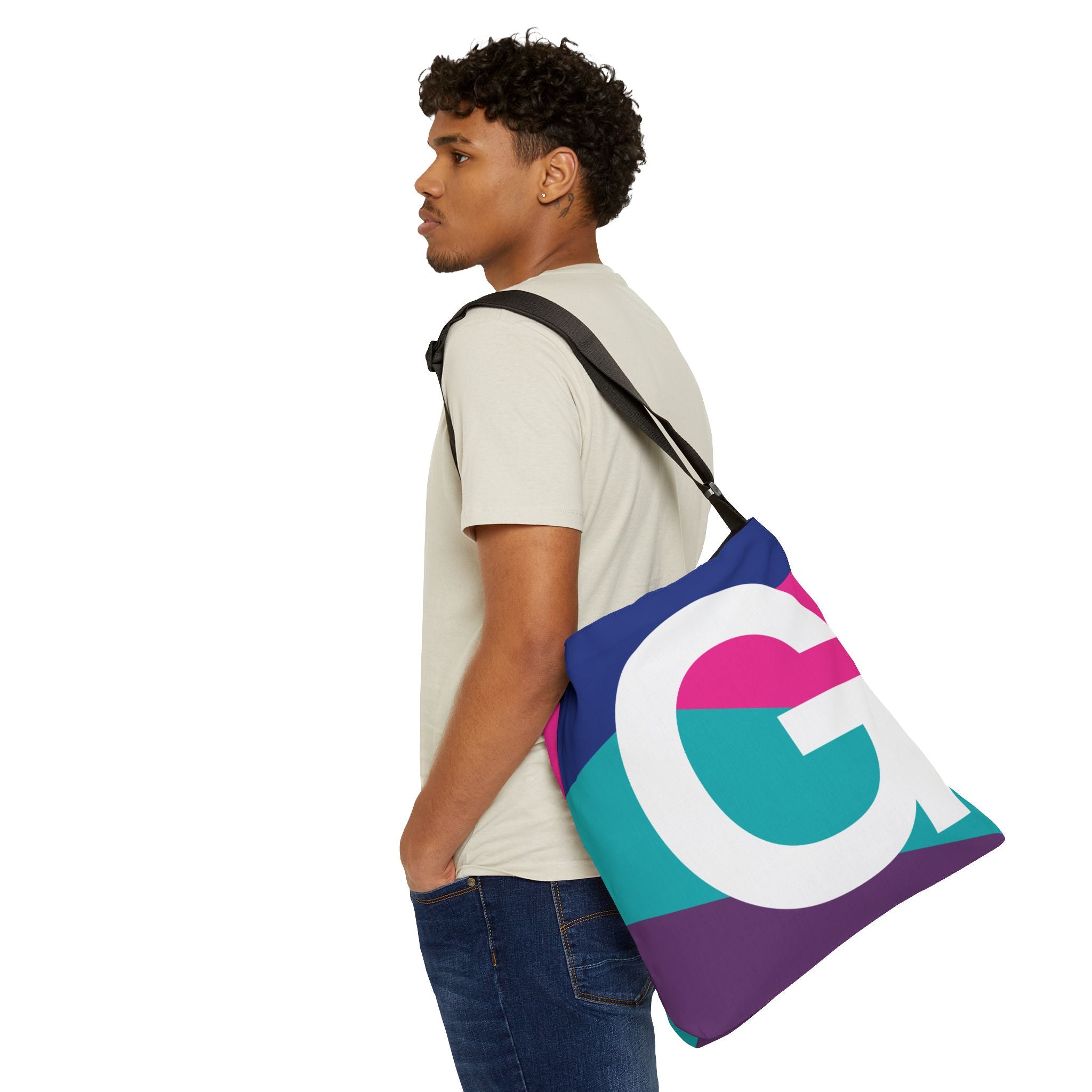 Initial Letter 'G' Colorblock Adjustable Tote Bag — Monogram Alphabet Shoulder Bag