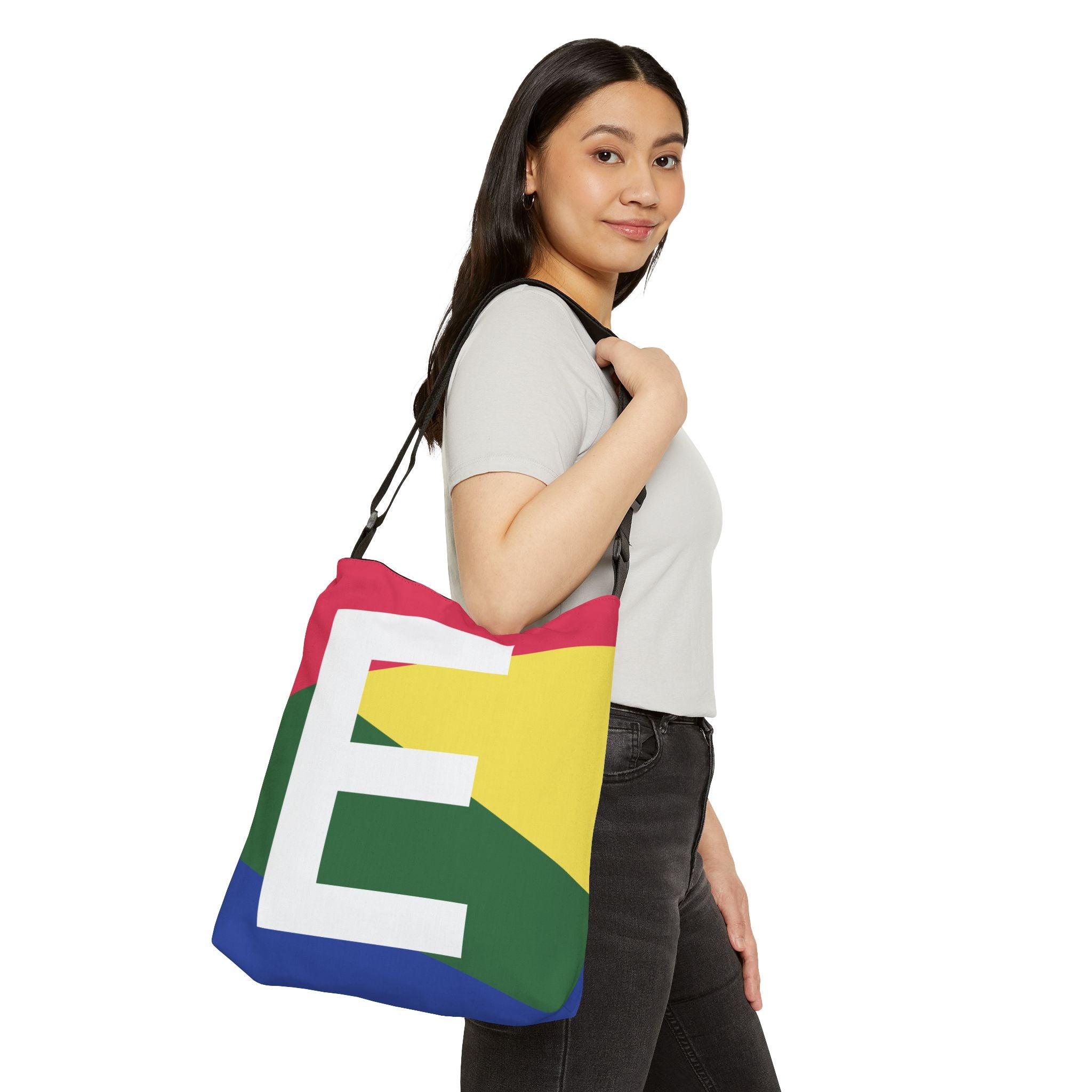 Initial Letter 'E' Colorblock Adjustable Tote Bag — Monogram Alphabet Shoulder Bag