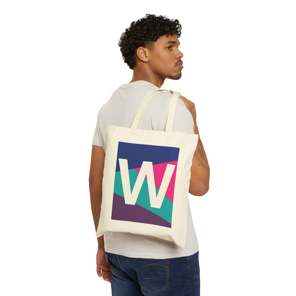 Initial W Colorblock Canvas Tote Bag — Monogram Letter W Reusable Grocery Tote