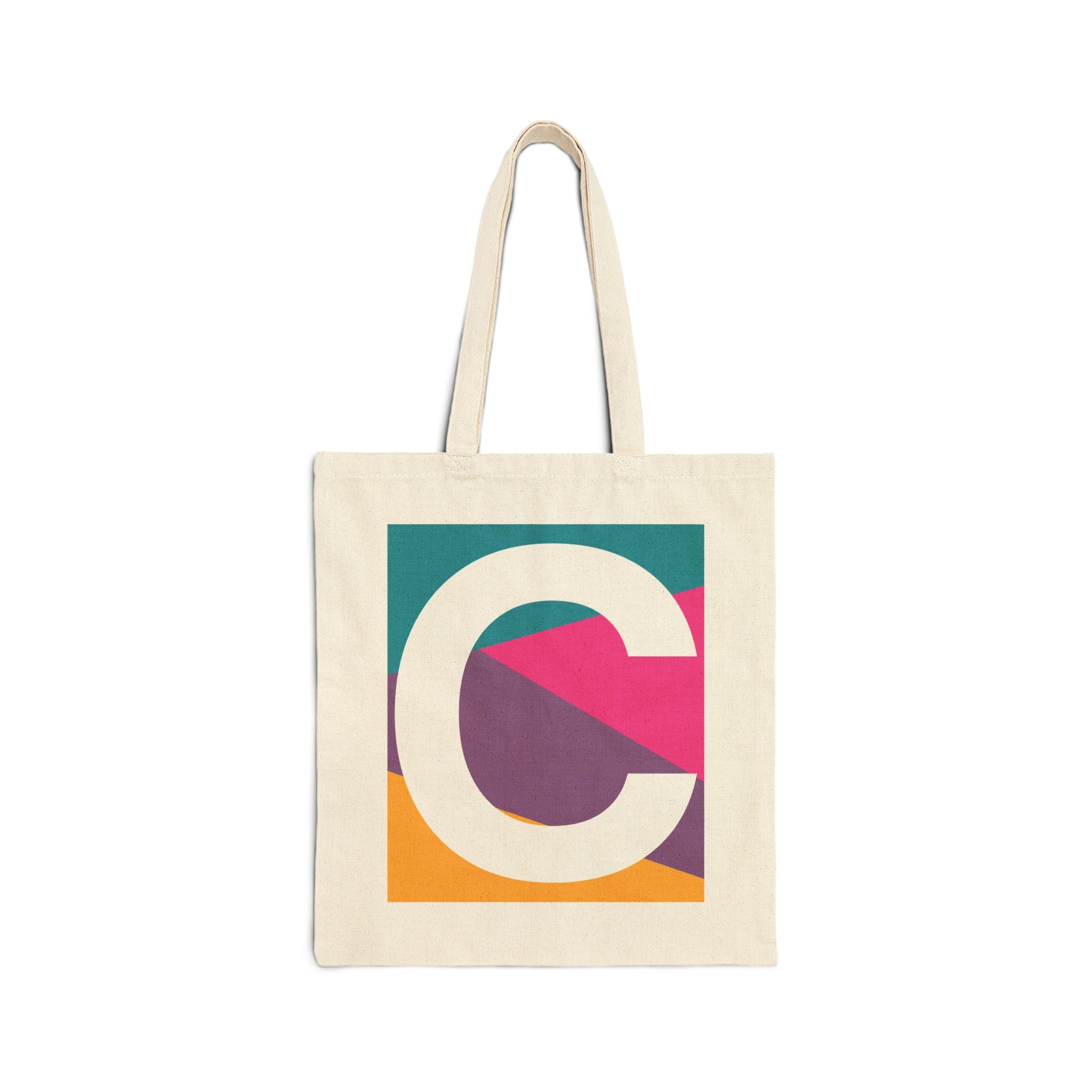 Initial C Colorblock Canvas Tote Bag — Monogram Letter C Reusable Grocery Tote