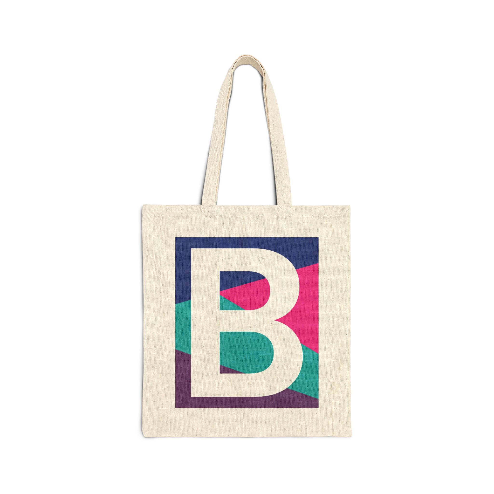 Initial B Colorblock Canvas Tote Bag — Monogram Letter B Reusable Grocery Tote